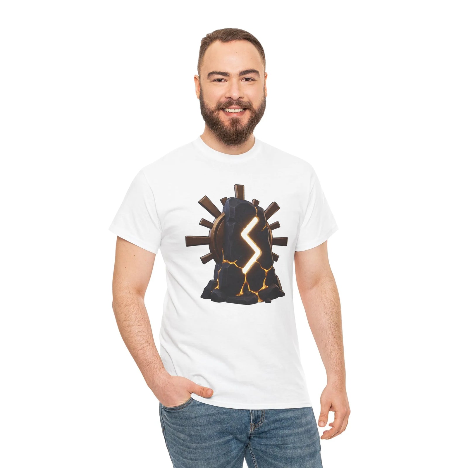 Sowulo Sun Ray Rune Graphic T-Shirt - Heavy Cotton Classic Fit Crewneck - Unisex White