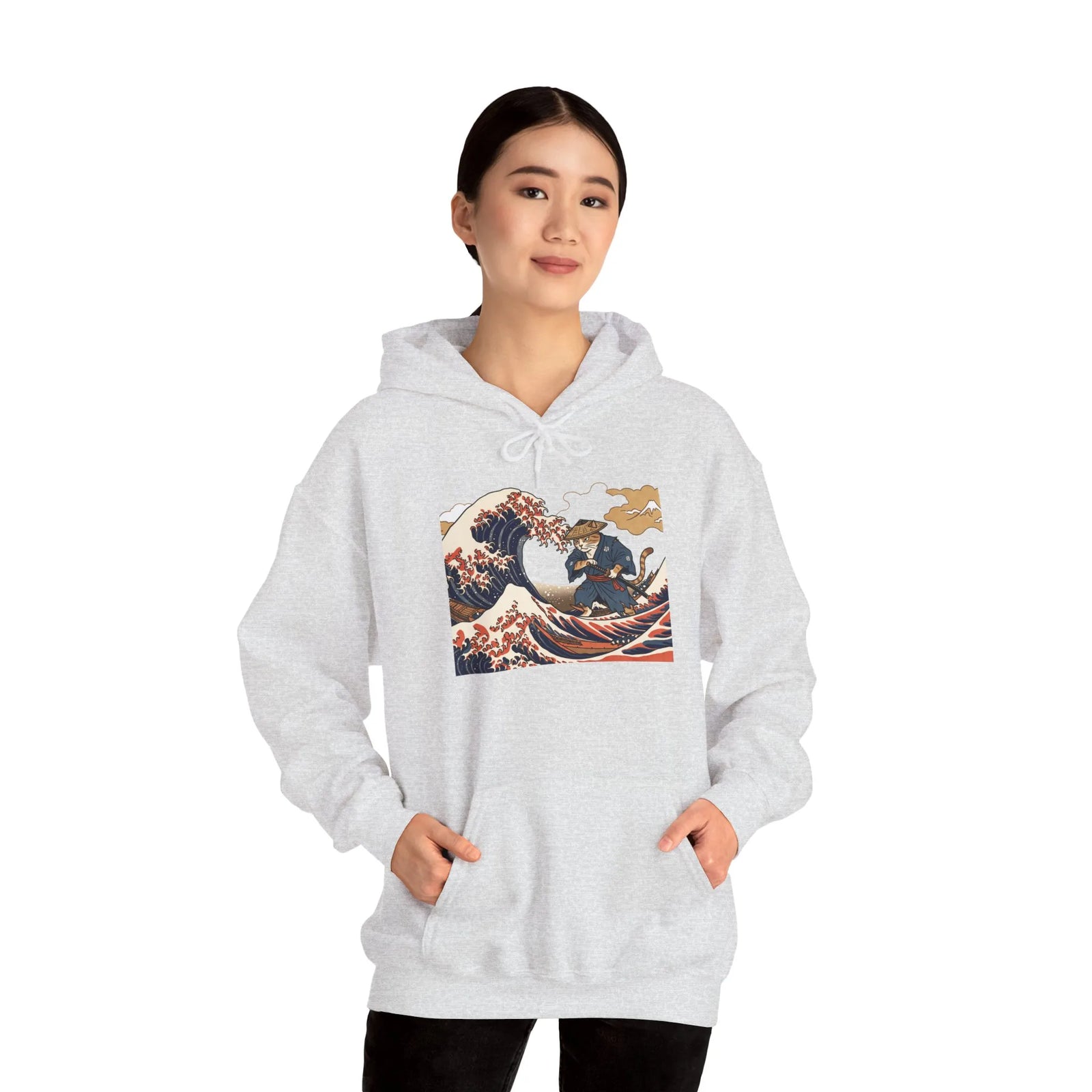 Ronin Wave Samurai Cat Ukiyo-e Hoodie - Heavy Blend Fleece Pullover - Unisex White