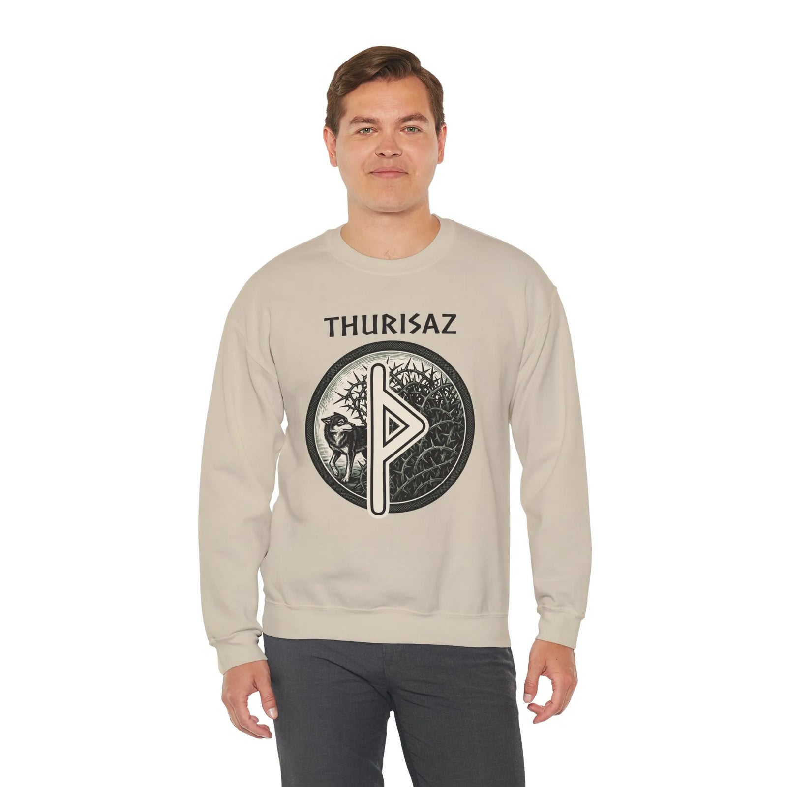 Norse Thurisaz Rune Wolf Sweatshirt - Heavy Blend Fleece Crewneck - Unisex Off White