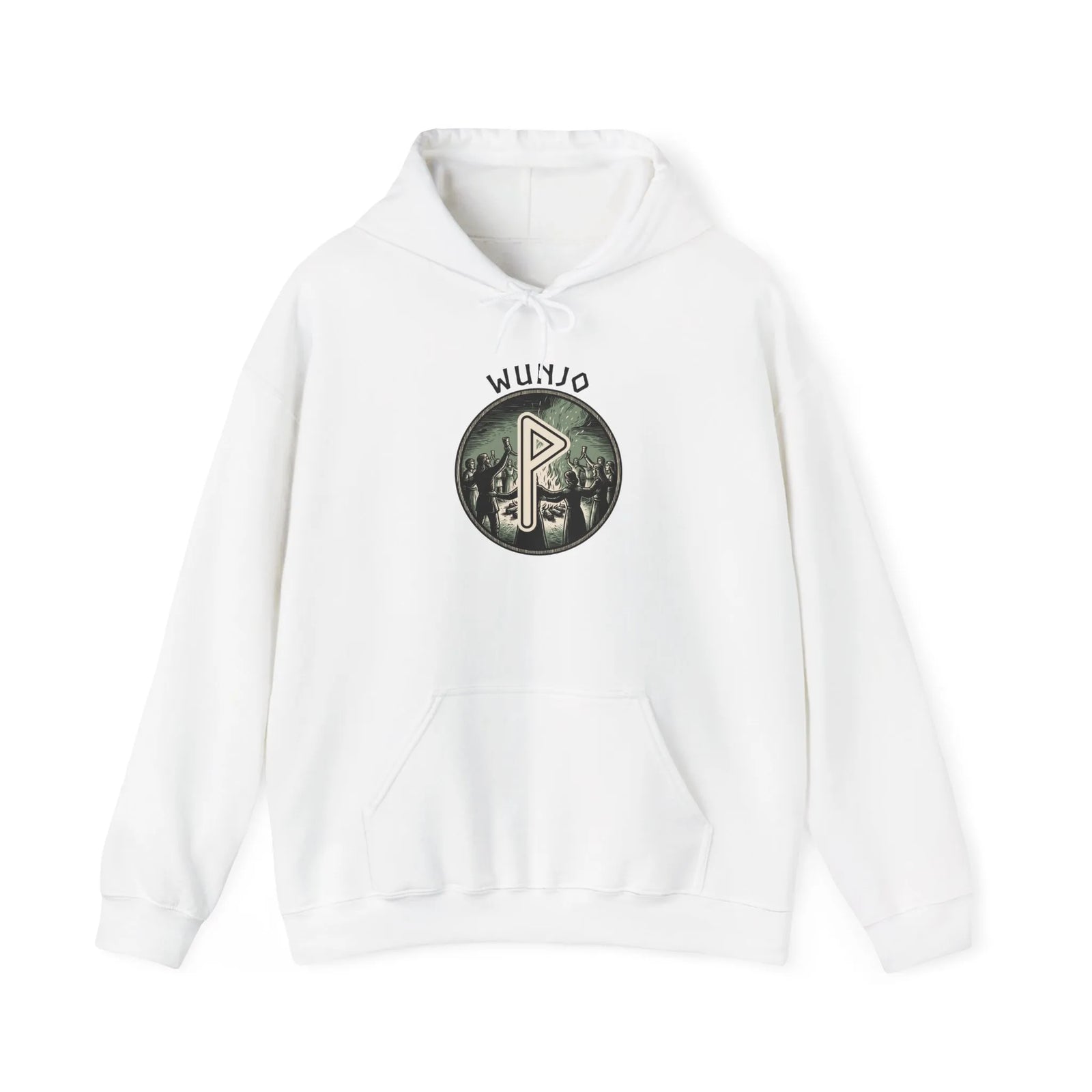 Wunjo Rune Norse Joy Circle Hoodie - Heavy Blend Fleece Pullover - Unisex White