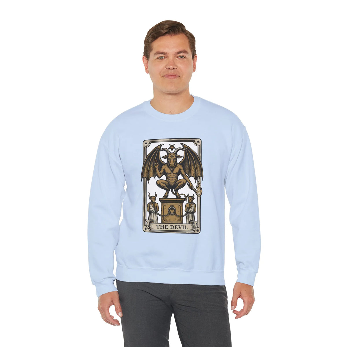 Devil Tarot Card Graphic Sweatshirt - Heavy Blend Fleece Crewneck - Unisex White