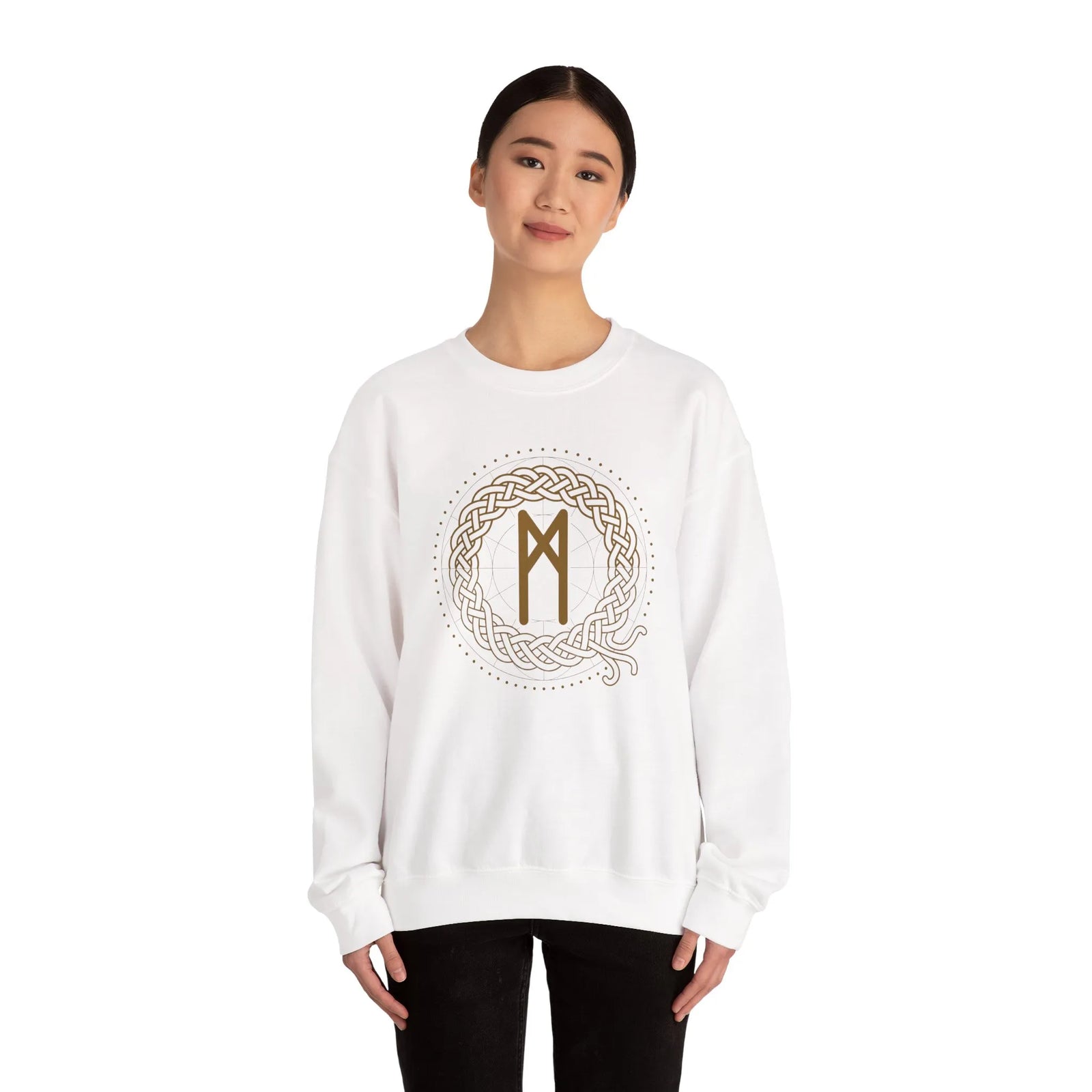 Mannaz Rune Celtic Knot Sweatshirt - Classic Fit Heavy Blend Crewneck - Unisex White