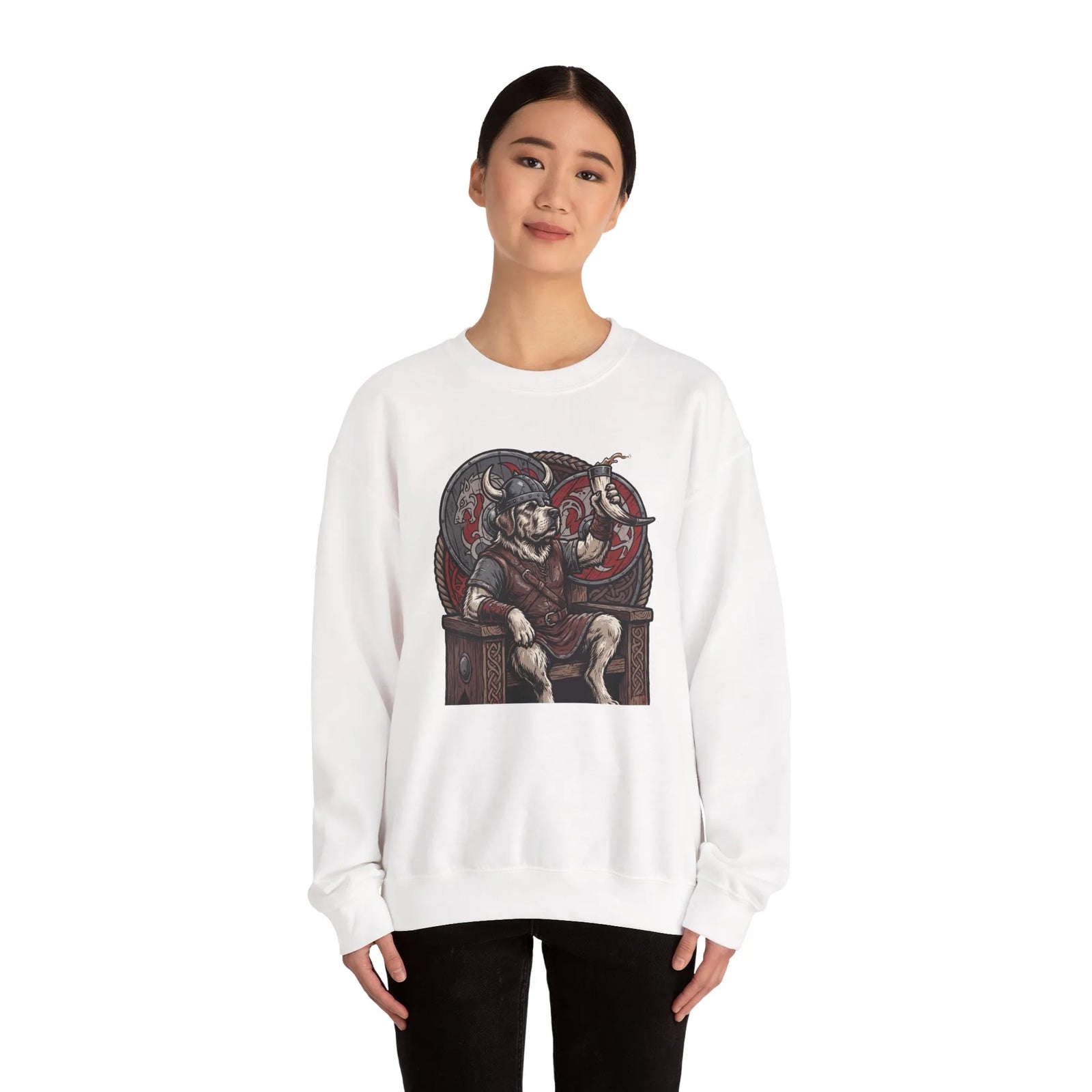 Viking Berserker Dogs Graphic Sweatshirt - Medium Weight Cotton Poly Crewneck - Unisex White