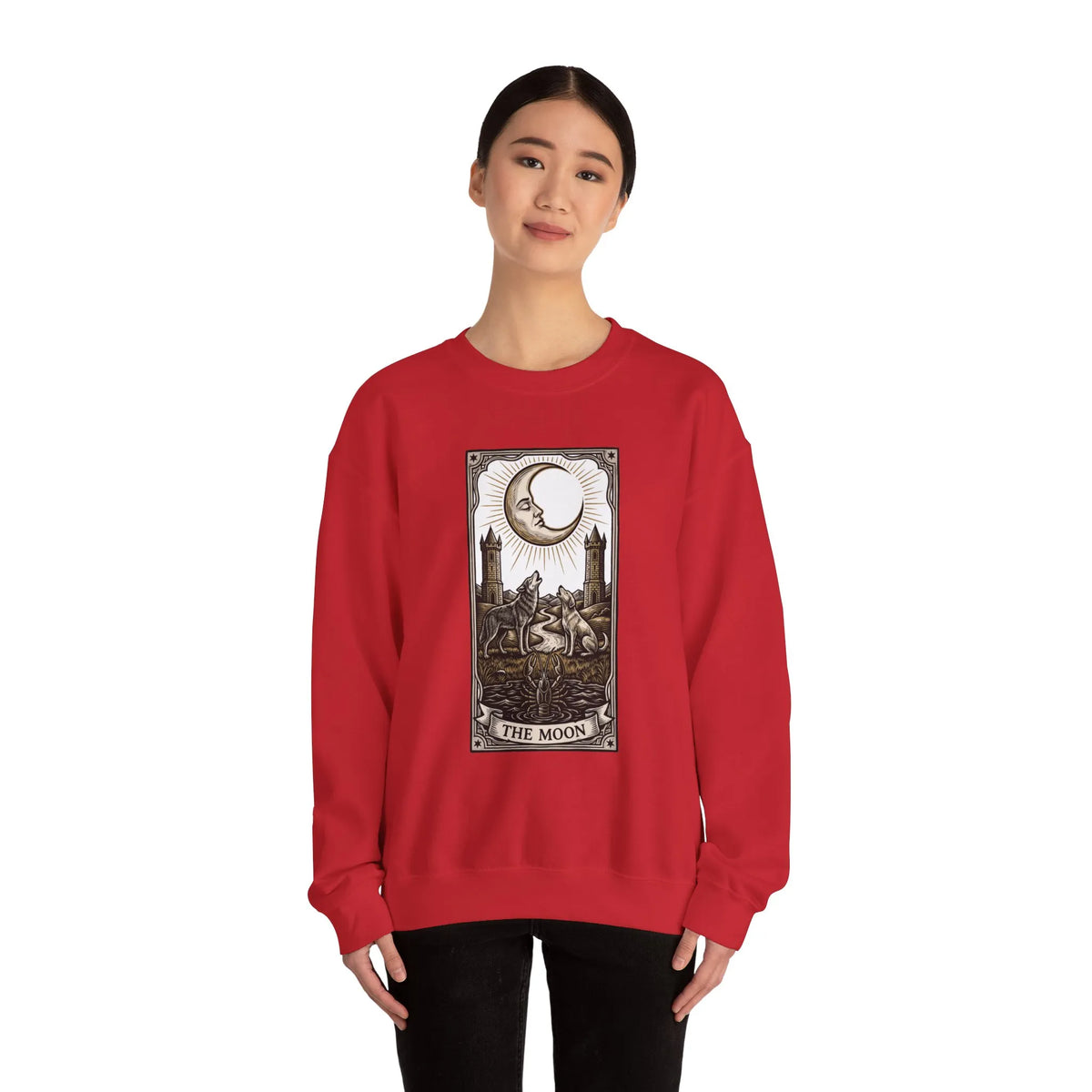 Moon Tarot Card Wolves Graphic Sweatshirt - Heavy Blend Fleece Crewneck - Unisex White