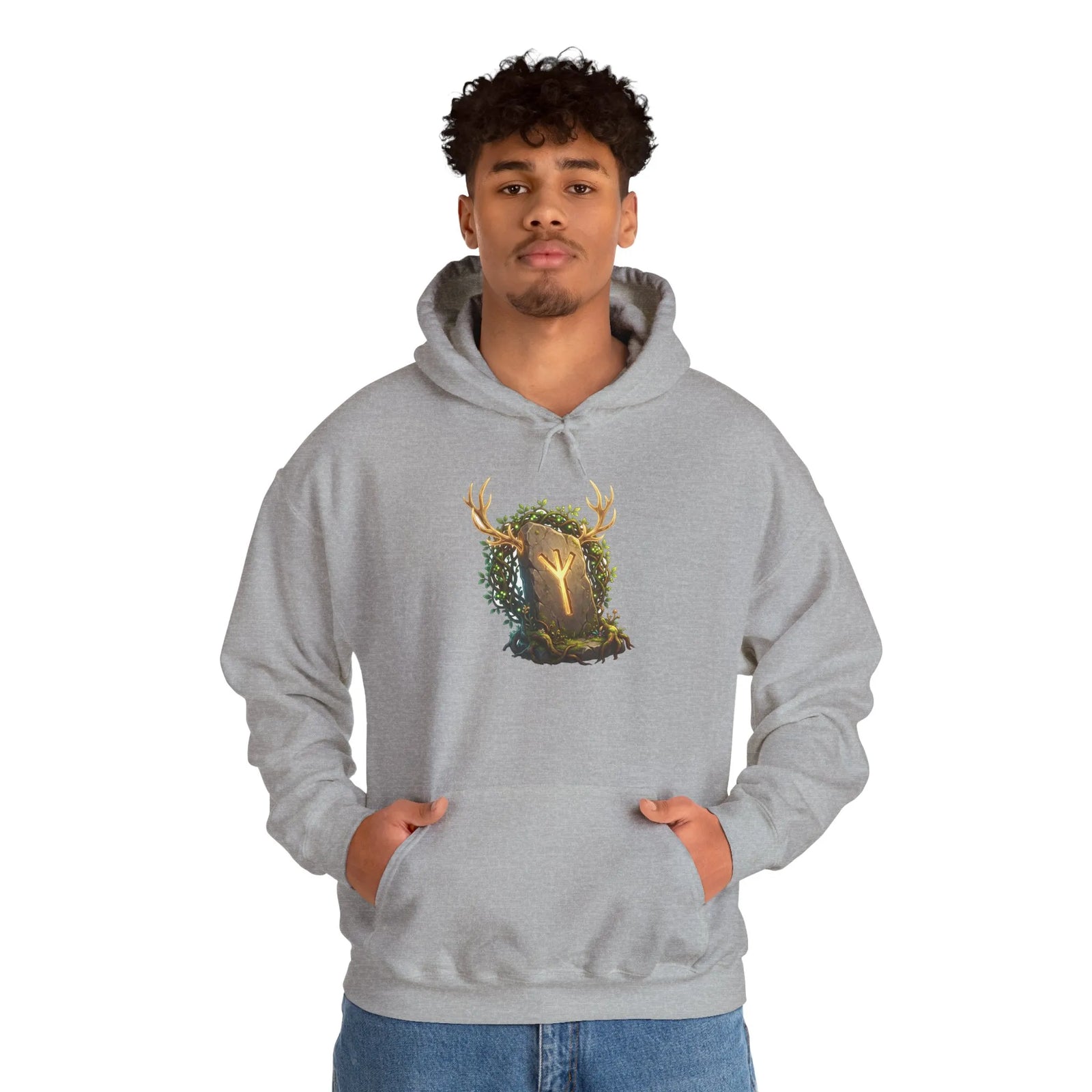 Elhaz Protection Rune Antler Hoodie - Heavy Blend Cotton Blend Pullover - Unisex White