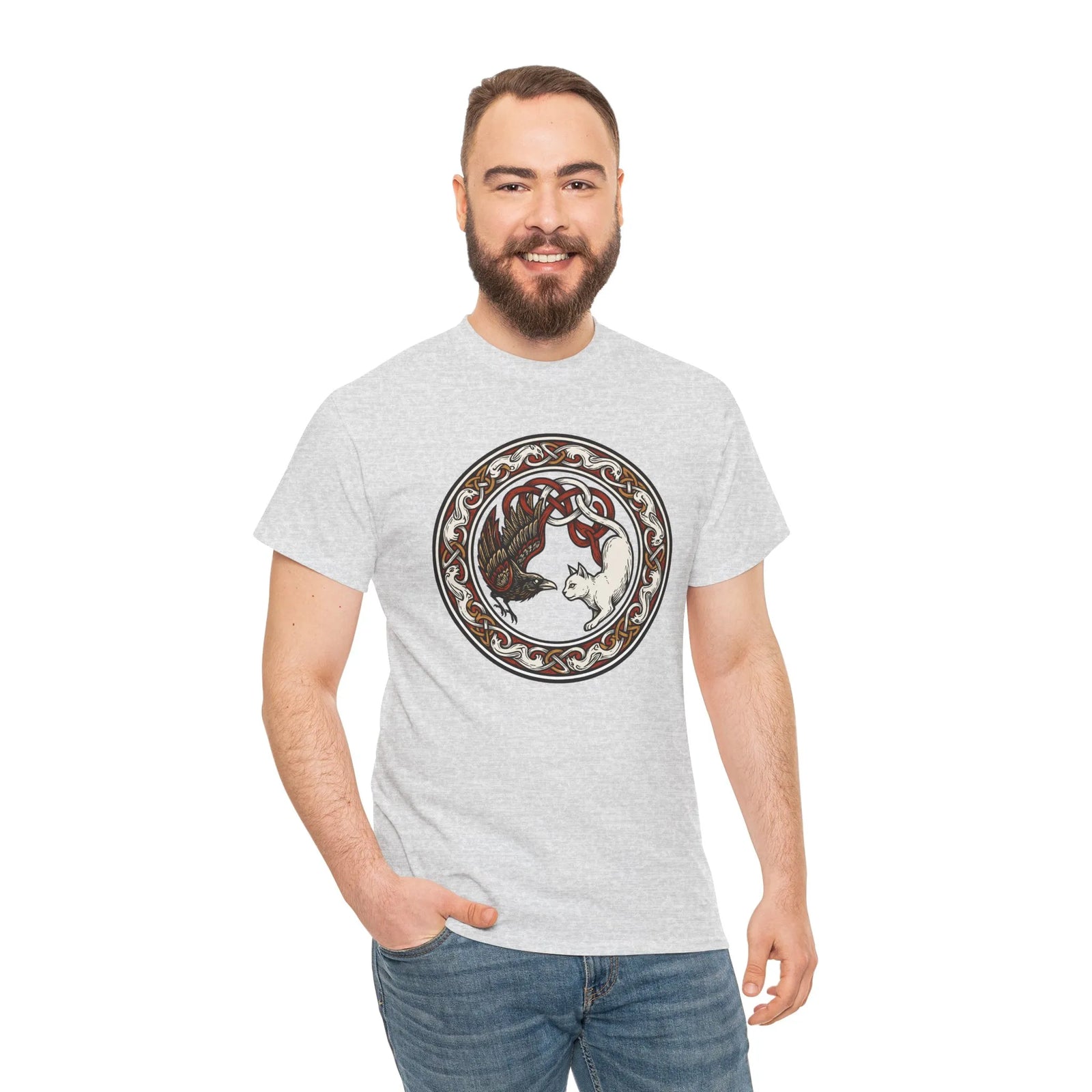 Norse Cat & Raven Woodcut T-Shirt - Heavy Cotton Classic Fit Tee - Unisex White