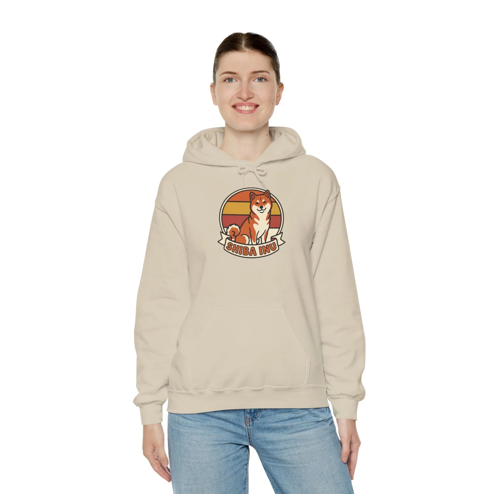 Shiba Inu Retro 70s Sunset Graphic Hoodie - Medium-Heavy Cotton Blend Fleece - Unisex White