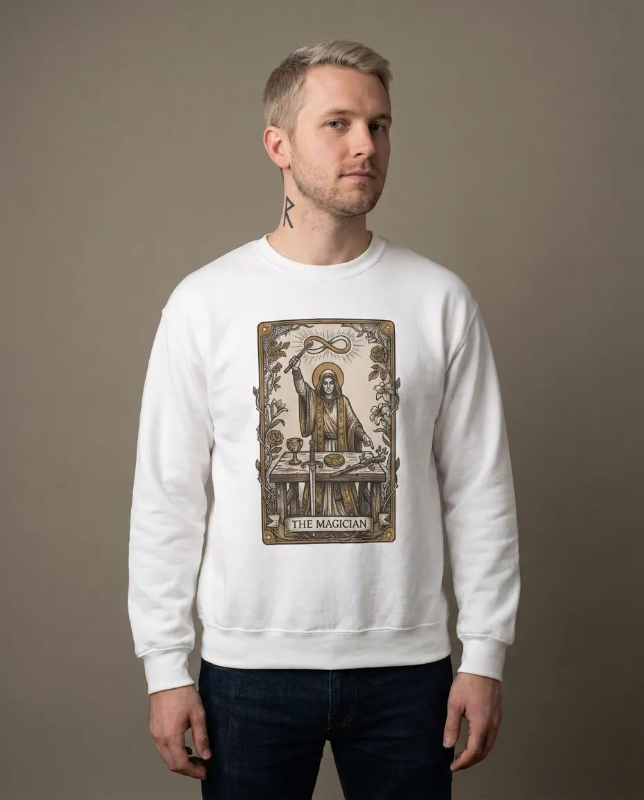 The Magician Tarot Card Sweatshirt - Heavy Blend Fleece Crewneck Pullover - Unisex Warm White