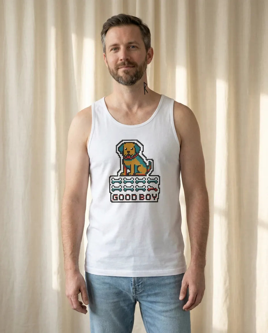 Good Boy 8-Bit Pixel Dog Gaming Tank Top - Lightweight Jersey Retail Fit - Unisex White