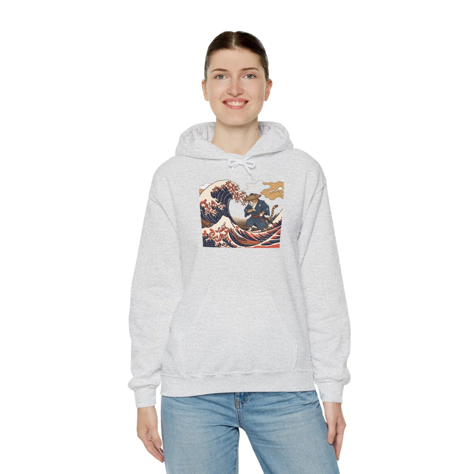 Ronin Wave Samurai Cat Ukiyo-e Hoodie - Heavy Blend Fleece Pullover - Unisex White