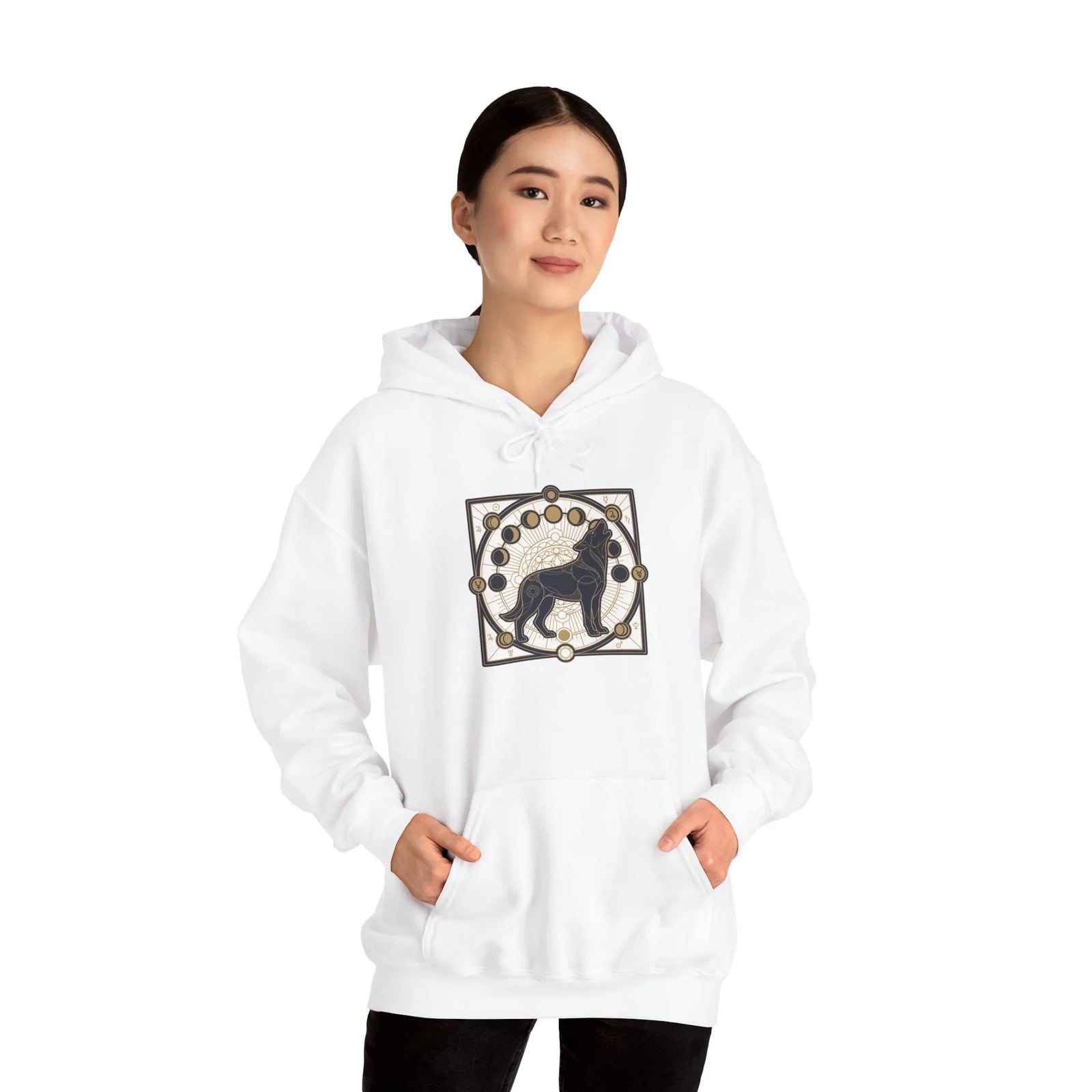 Howl Sacred Geometry Spirit Dogs Hoodie - Soft Cotton Blend Pullover - Unisex White