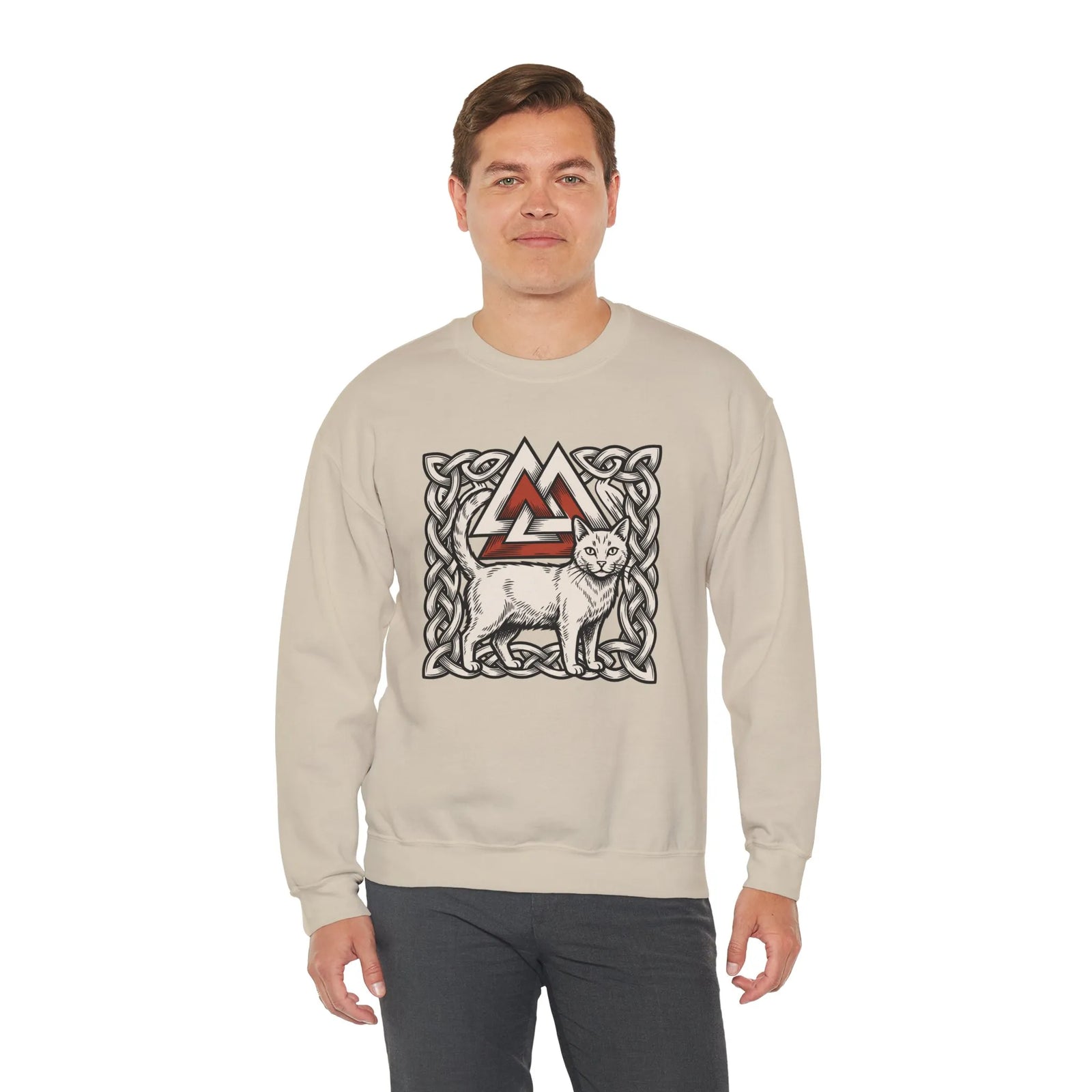 Valknut Cat Norse Mythology Sweatshirt - Heavy Blend Durable Fleece Crewneck - Unisex Off-White