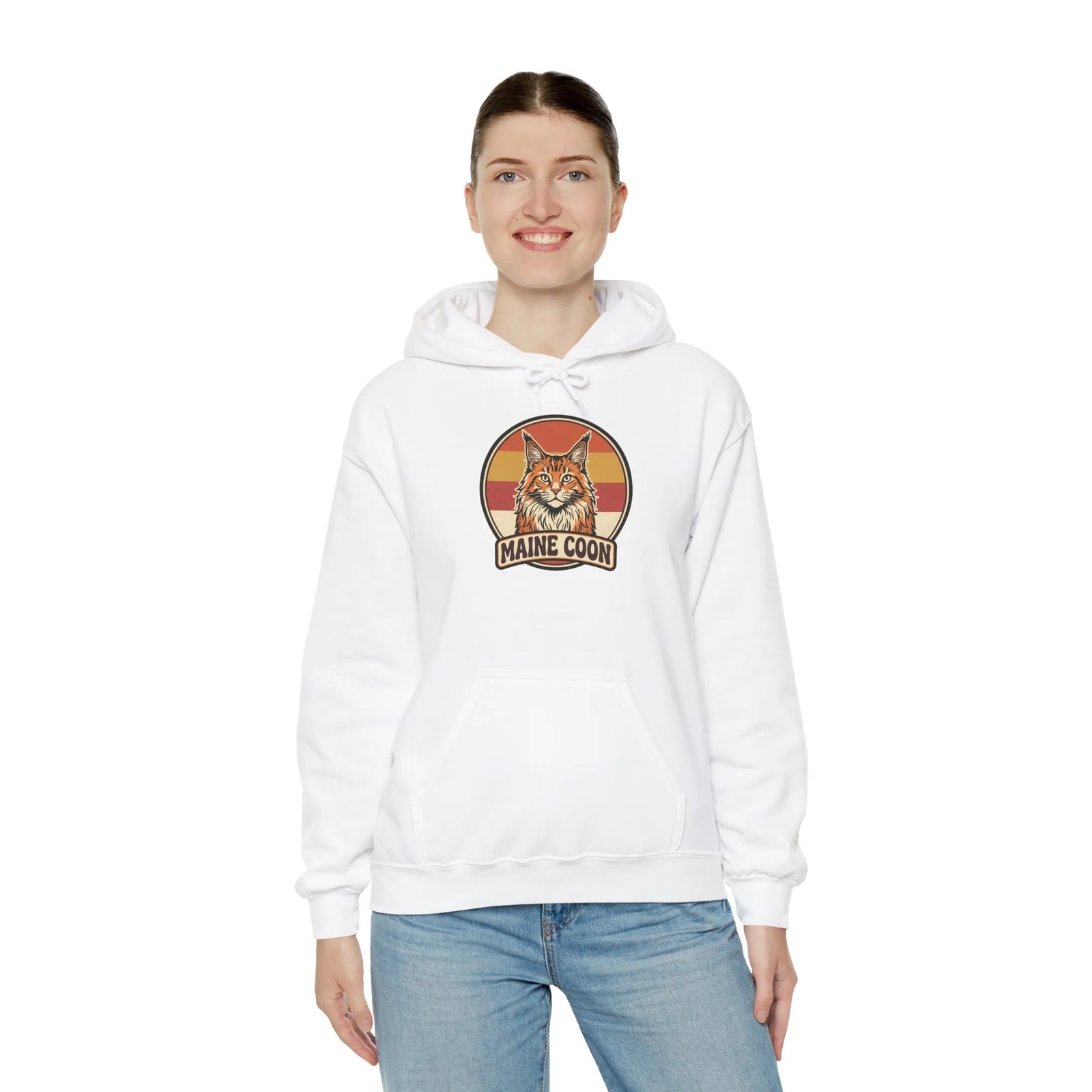 Maine Coon Retro 70s Sunset Hoodie - Soft Cotton Poly Blend Pullover - Unisex White