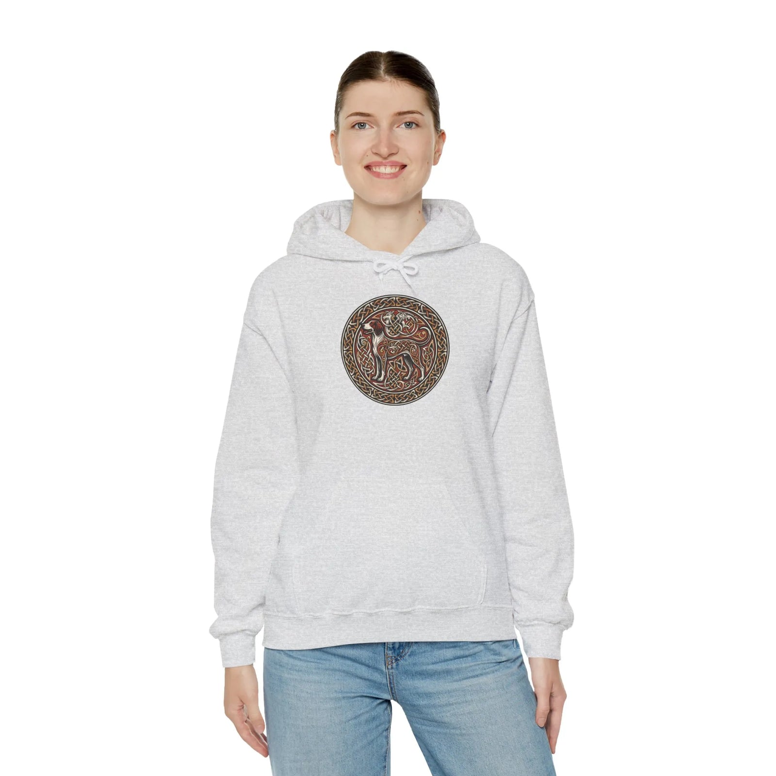 Norse Knotwork Hound Hoodie - Heavyweight Cotton Blend Pullover - Unisex White
