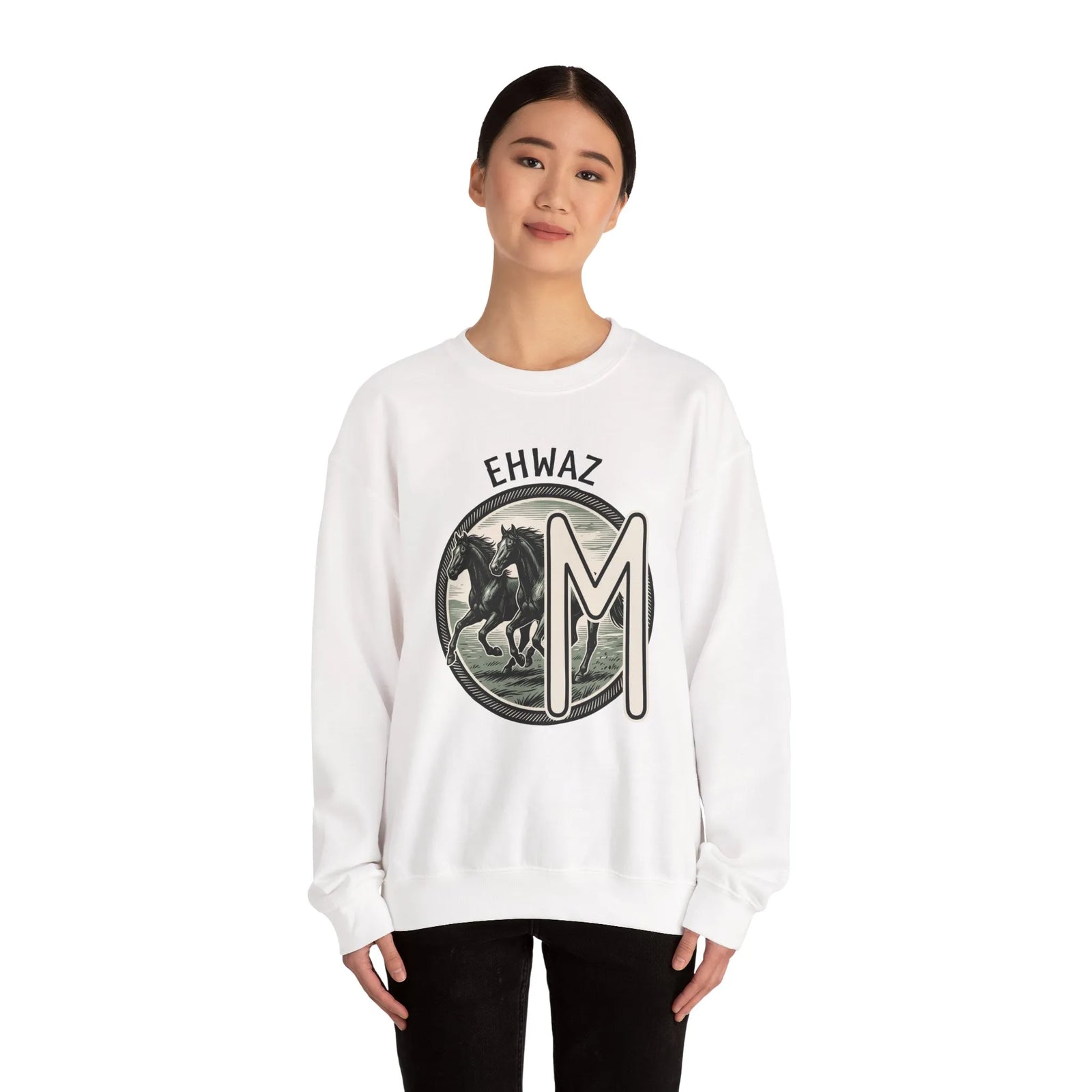 Ehwaz Divine Twins Horse Sweatshirt - Heavy Blend Cotton Blend Crewneck - Unisex White