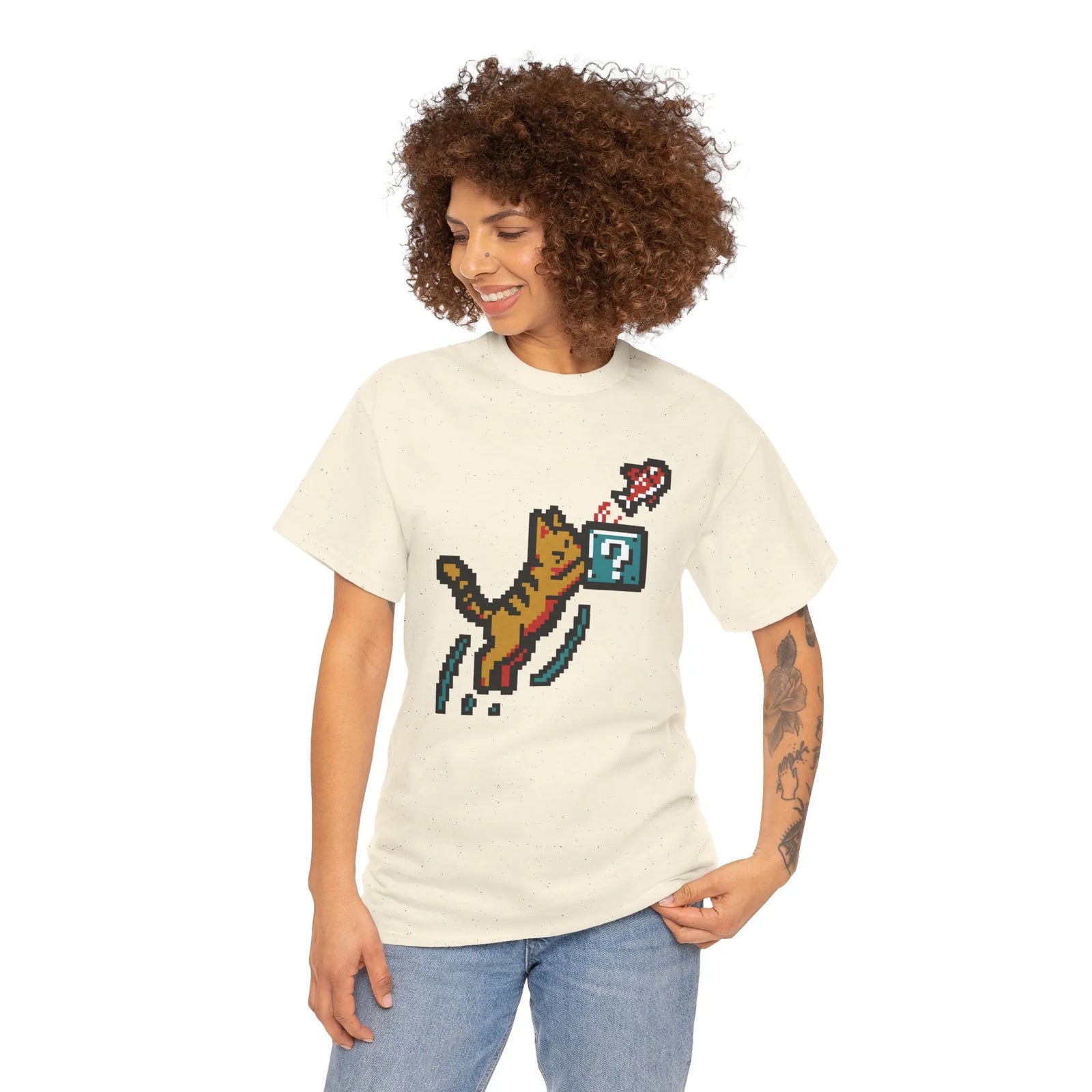8-Bit Pixel Gaming Cats Graphic T-Shirt - Heavy Cotton Classic Fit Tee - Unisex White