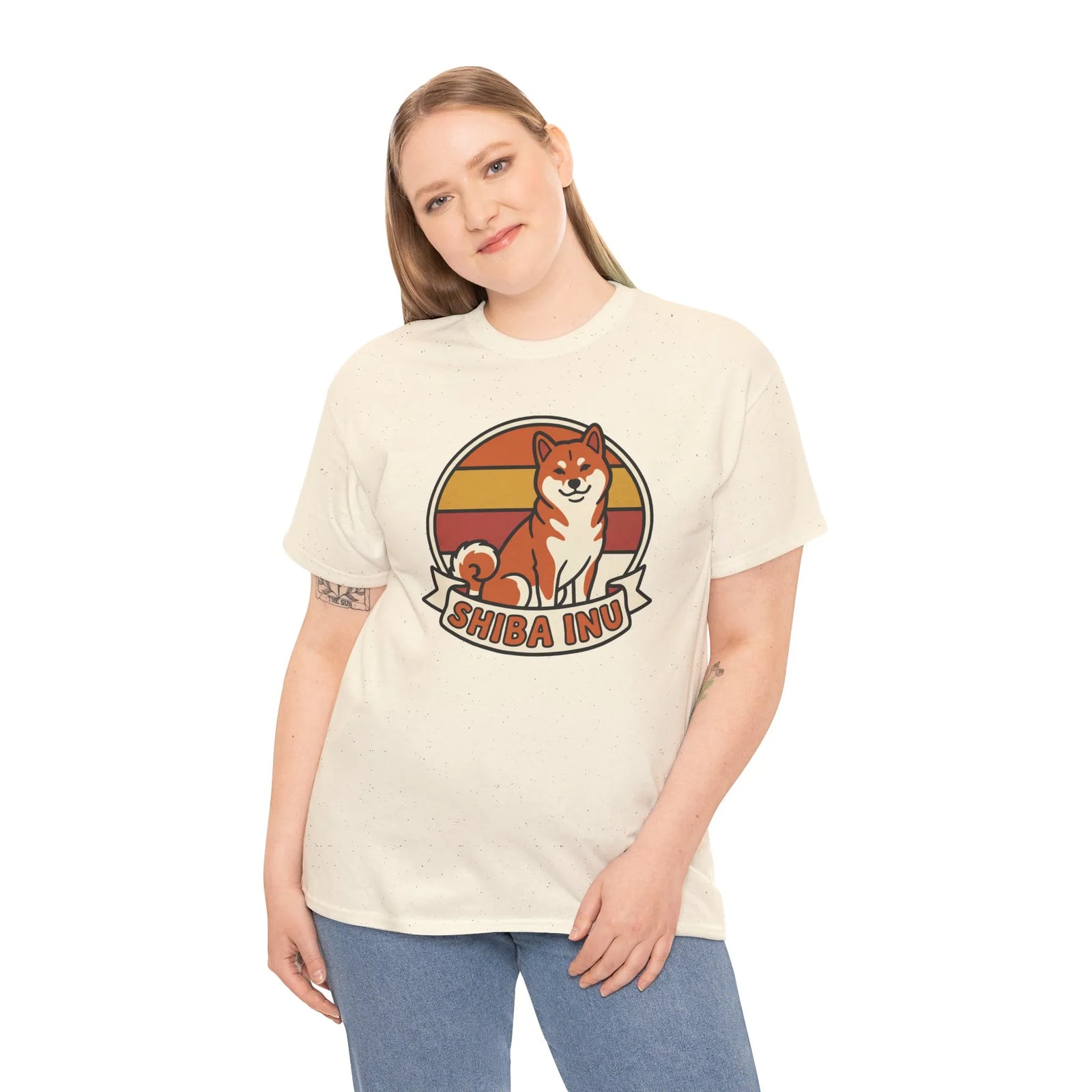 Shiba Inu Retro Sunset Graphic T-Shirt - Heavyweight Cotton Classic Fit - Unisex White