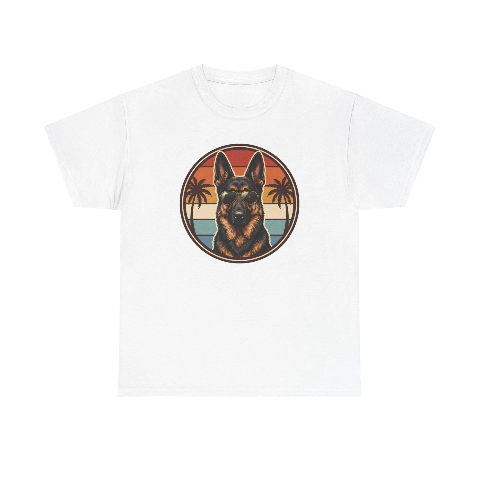 German Shepherd 70s Sunset Aviators T-Shirt - Heavy Cotton Classic Fit Tee - Unisex White