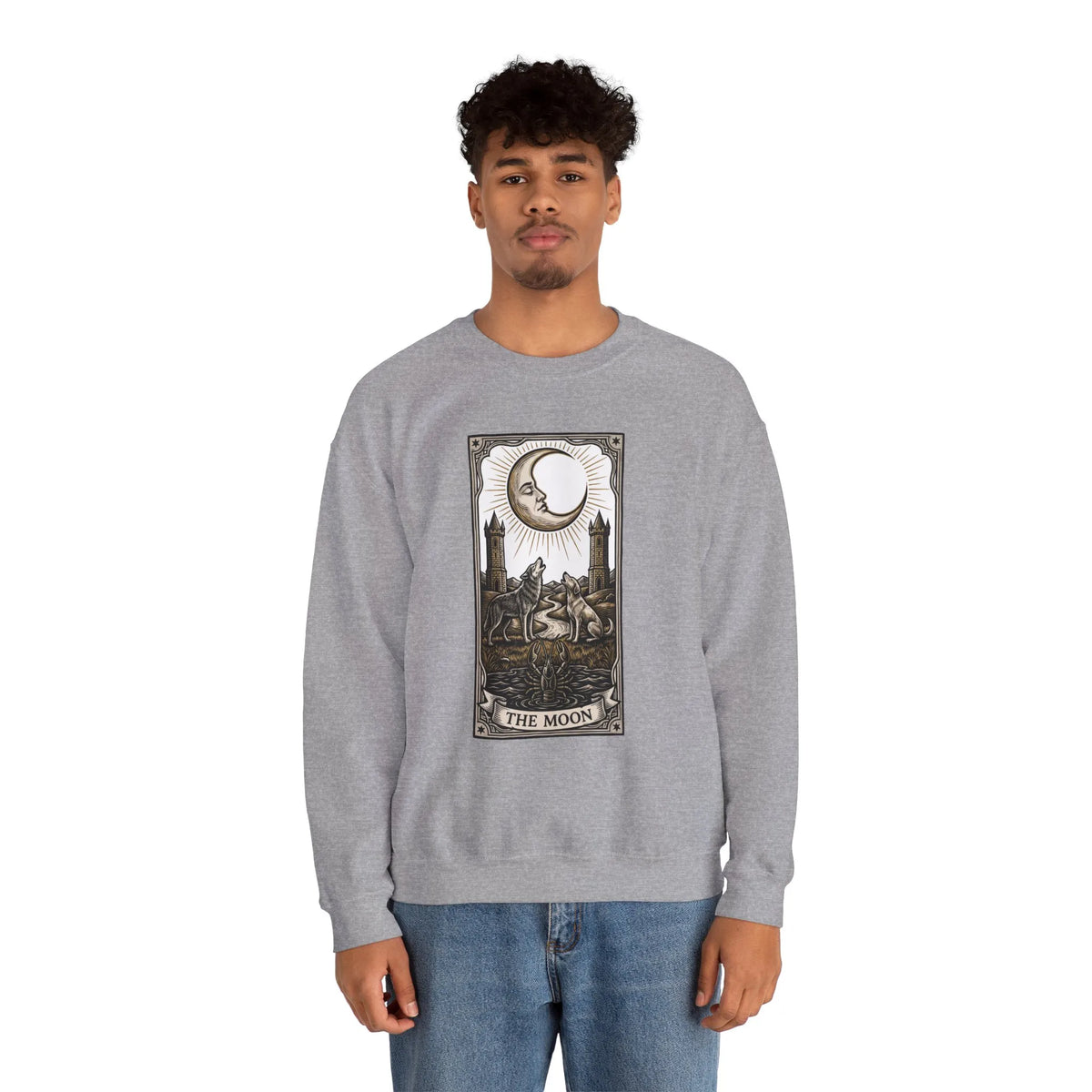 Moon Tarot Card Wolves Graphic Sweatshirt - Heavy Blend Fleece Crewneck - Unisex White