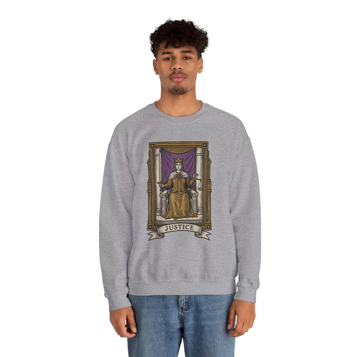 Justice Tarot Card Sweatshirt - Heavy Blend Cotton Poly Crewneck - Unisex White