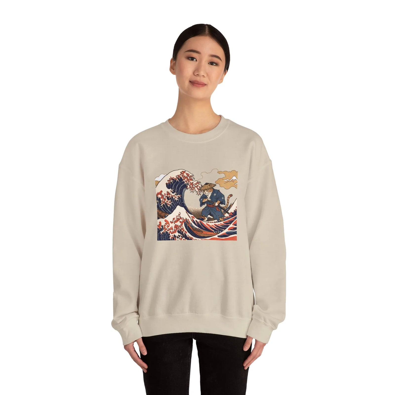 Ukiyo-e Samurai Cat Great Wave Sweatshirt - Heavy Blend Cotton Blend Crewneck - Unisex White