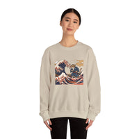 Ukiyo-e Samurai Cat Great Wave Sweatshirt - Heavy Blend Cotton Blend Crewneck - Unisex White