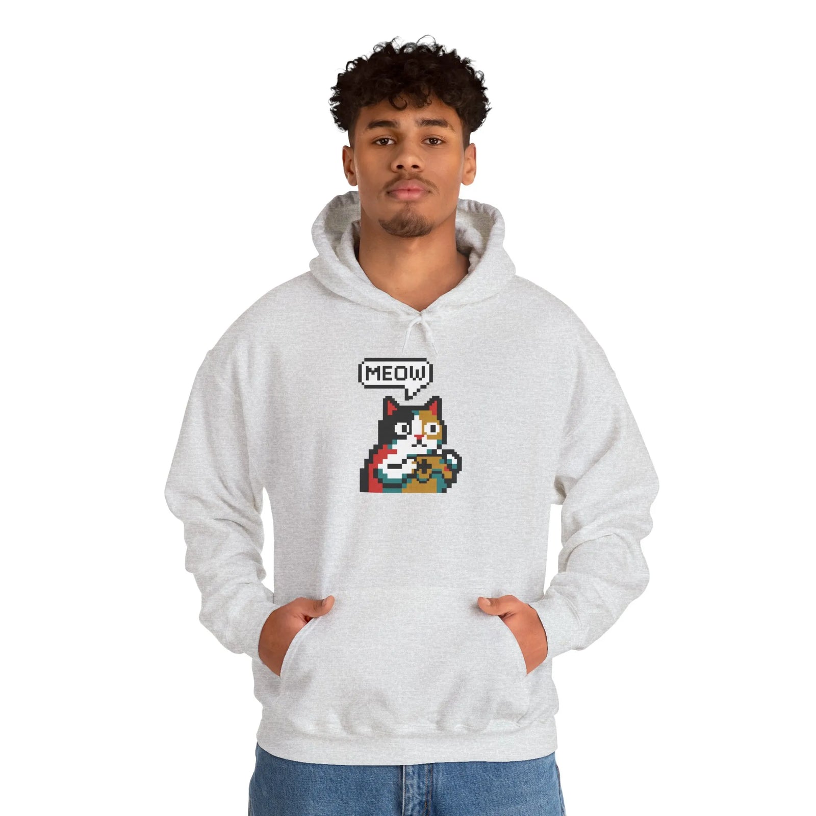Player One 8-Bit Pixel Gaming Cats Hoodie - Soft Cotton Blend Fleece Pullover - Unisex White