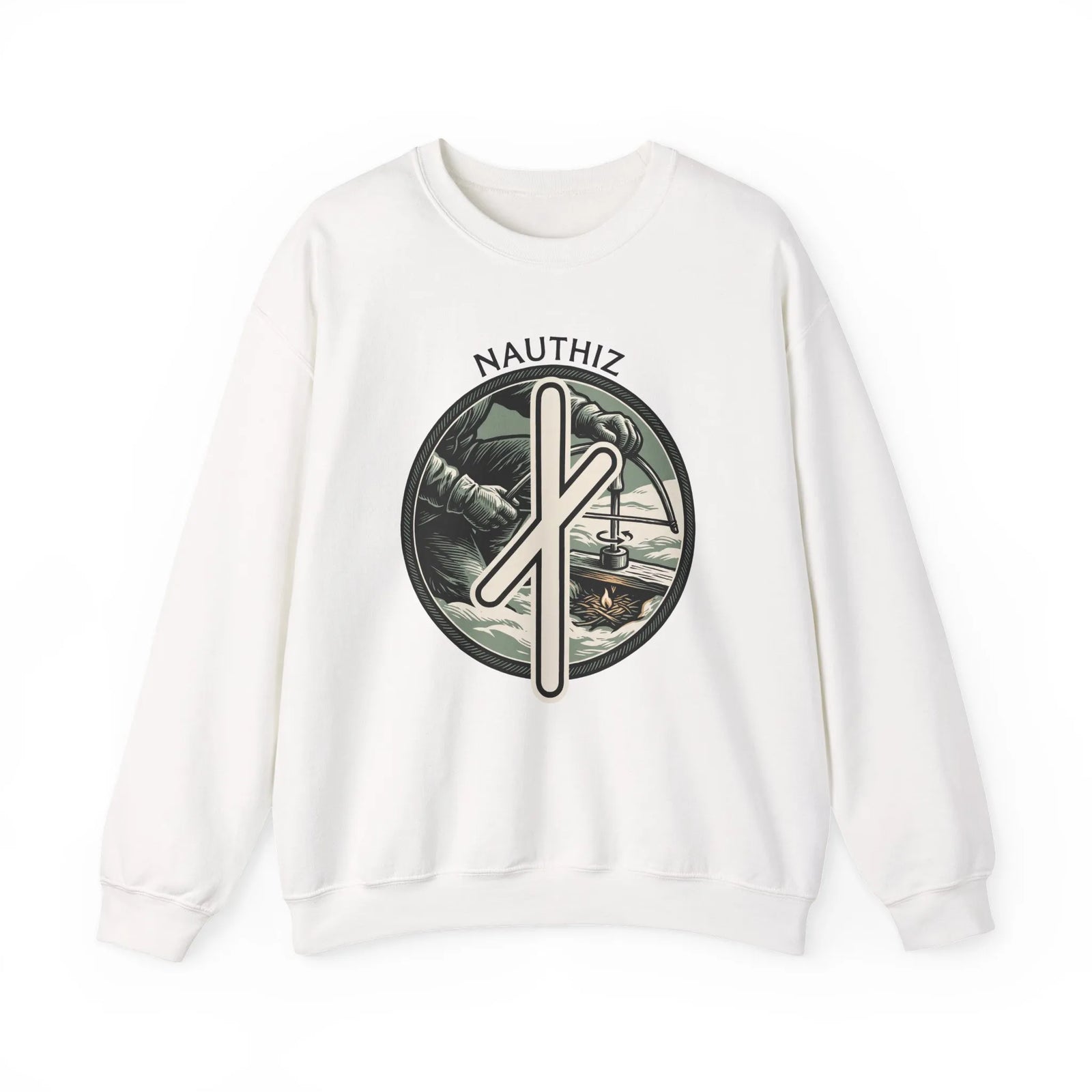Nauthiz Rune Need-Fire Sweatshirt - Heavy Blend Fleece Crewneck - Unisex White