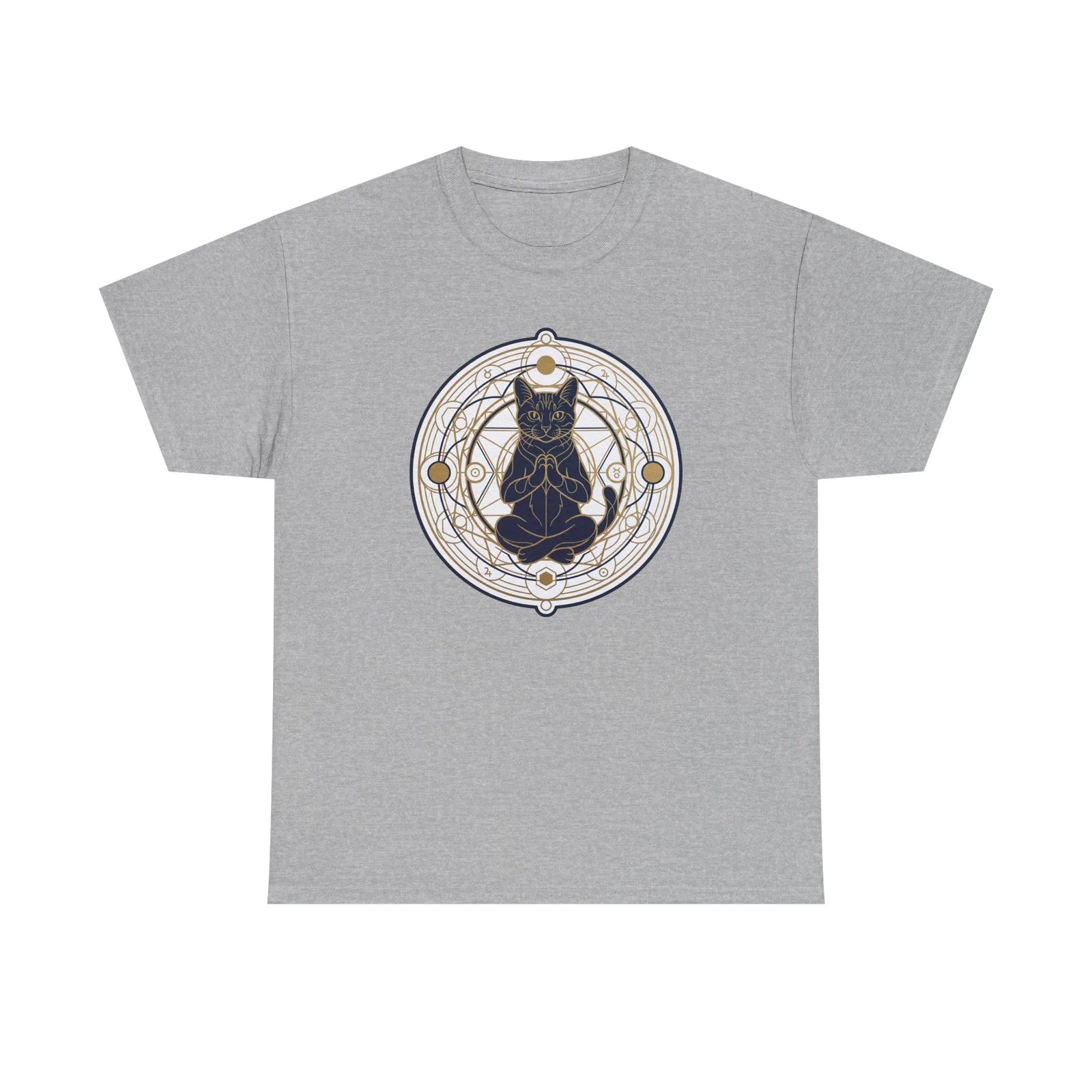 Meditating Cat Sacred Geometry Alchemist T-Shirt - Heavy Cotton Classic Fit Tee - Unisex White