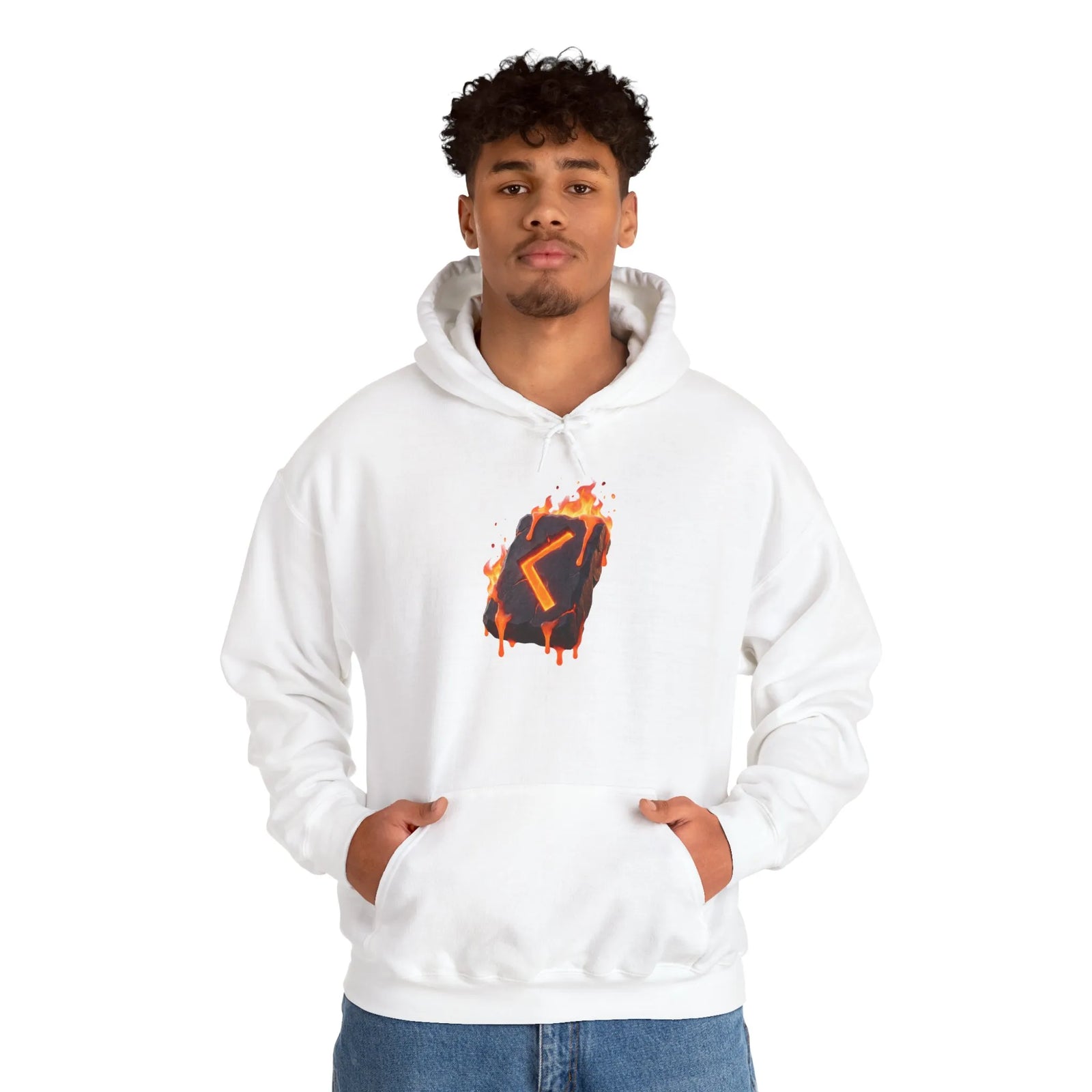 Kenaz Rune Torch Flame Hoodie - Soft Fleece Pullover Hoodie - Unisex White