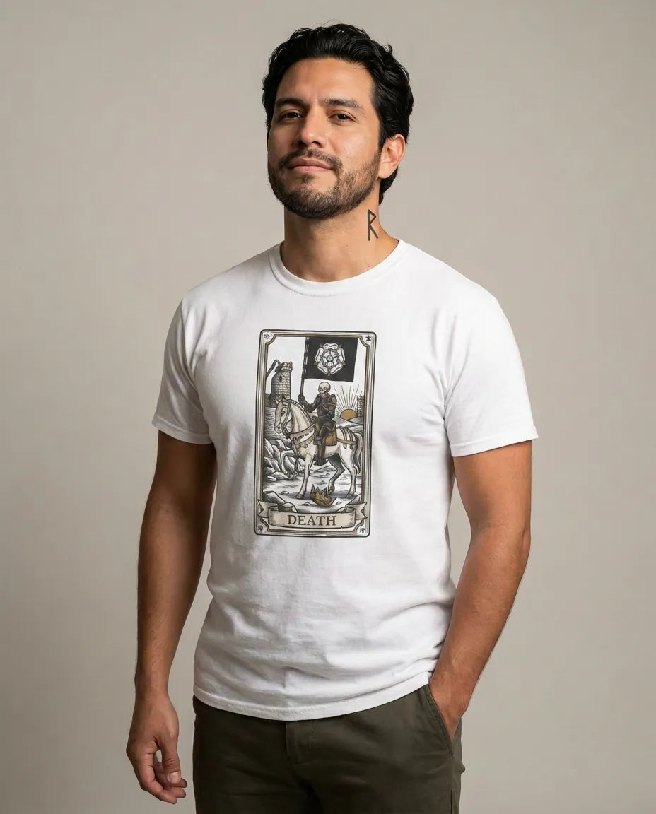 Death Tarot Card Knight Graphic T-Shirt - Heavyweight 100% Cotton Classic Fit Tee - Unisex White