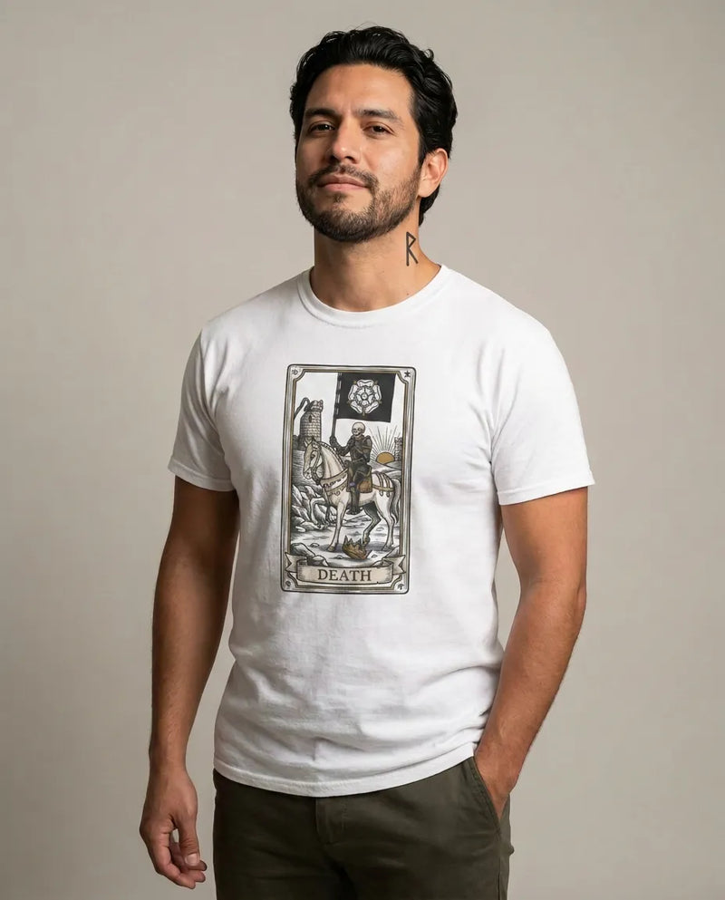 Death Tarot Card Knight Graphic T-Shirt - Heavyweight 100% Cotton Classic Fit Tee - Unisex White