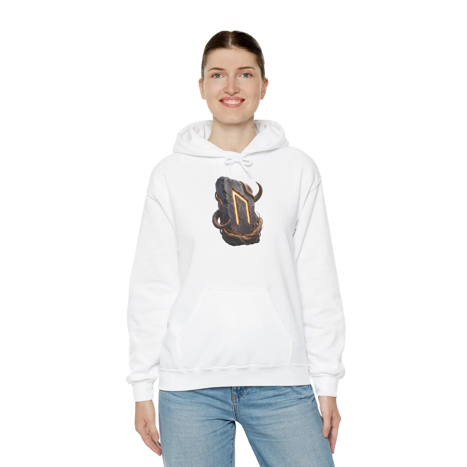 Uruz Runic Symbol Hoodie - Heavy Blend Fleece Pullover - Unisex Off White