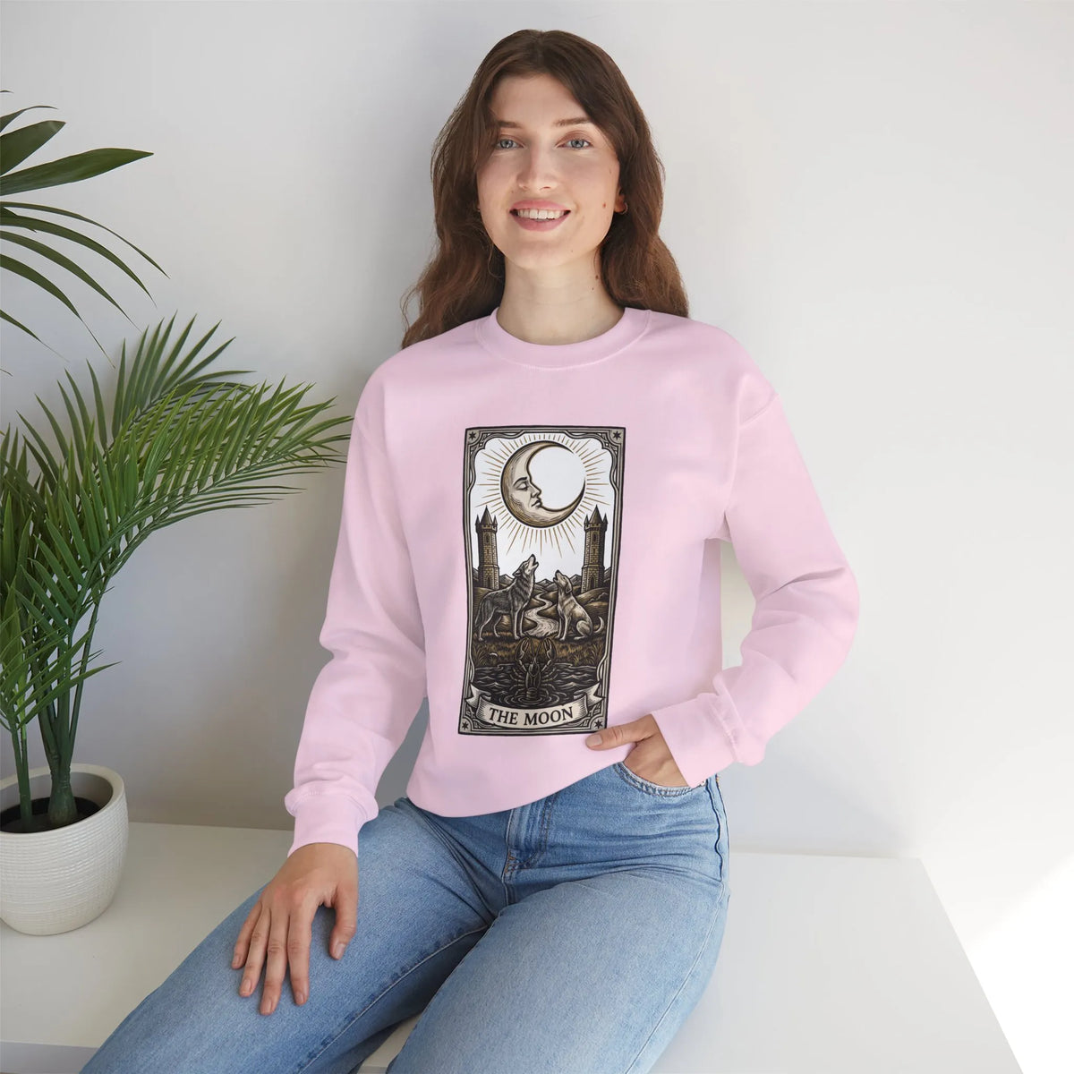 Moon Tarot Card Wolves Graphic Sweatshirt - Heavy Blend Fleece Crewneck - Unisex White