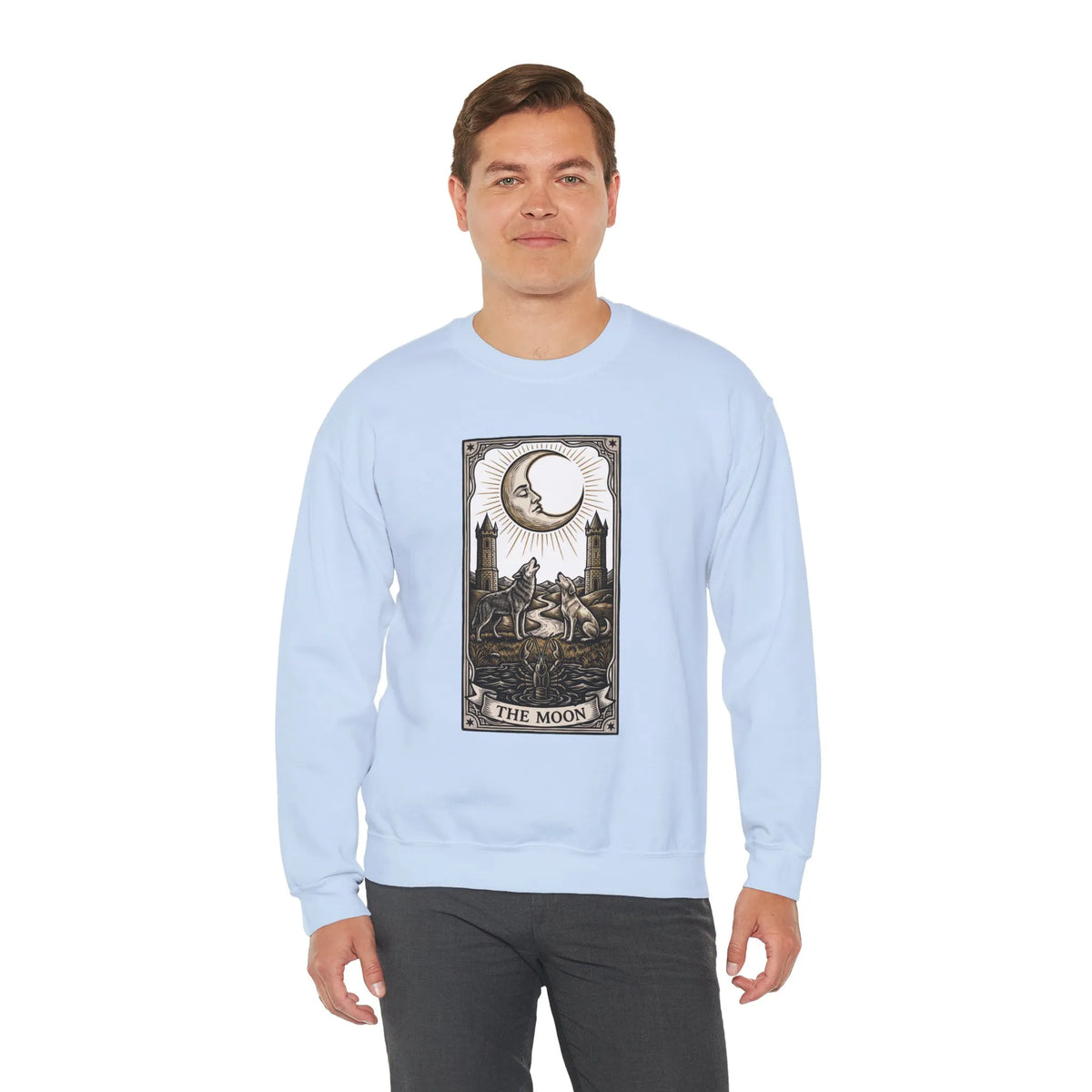 Moon Tarot Card Wolves Graphic Sweatshirt - Heavy Blend Fleece Crewneck - Unisex White