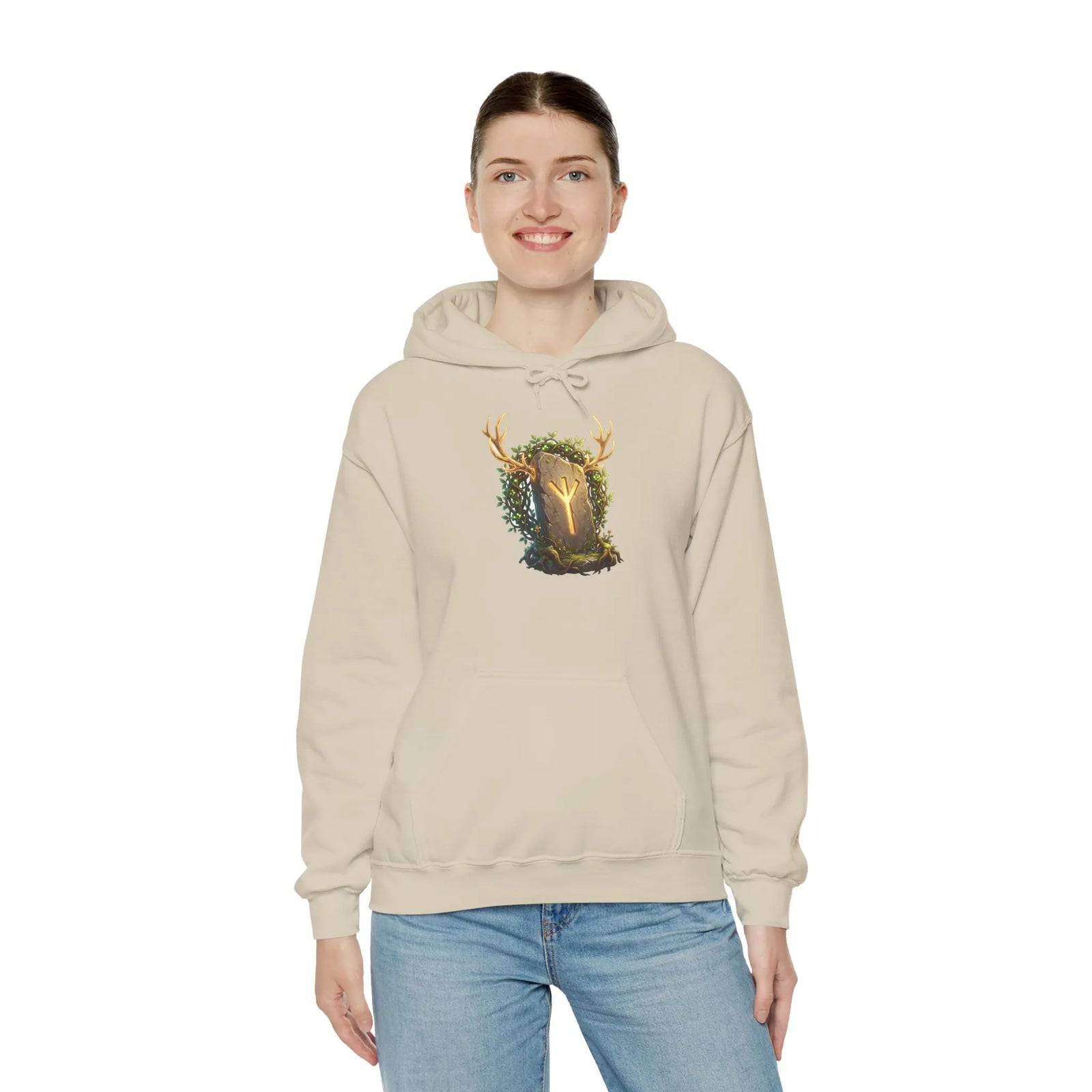 Elhaz Protection Rune Antler Hoodie - Heavy Blend Cotton Blend Pullover - Unisex White