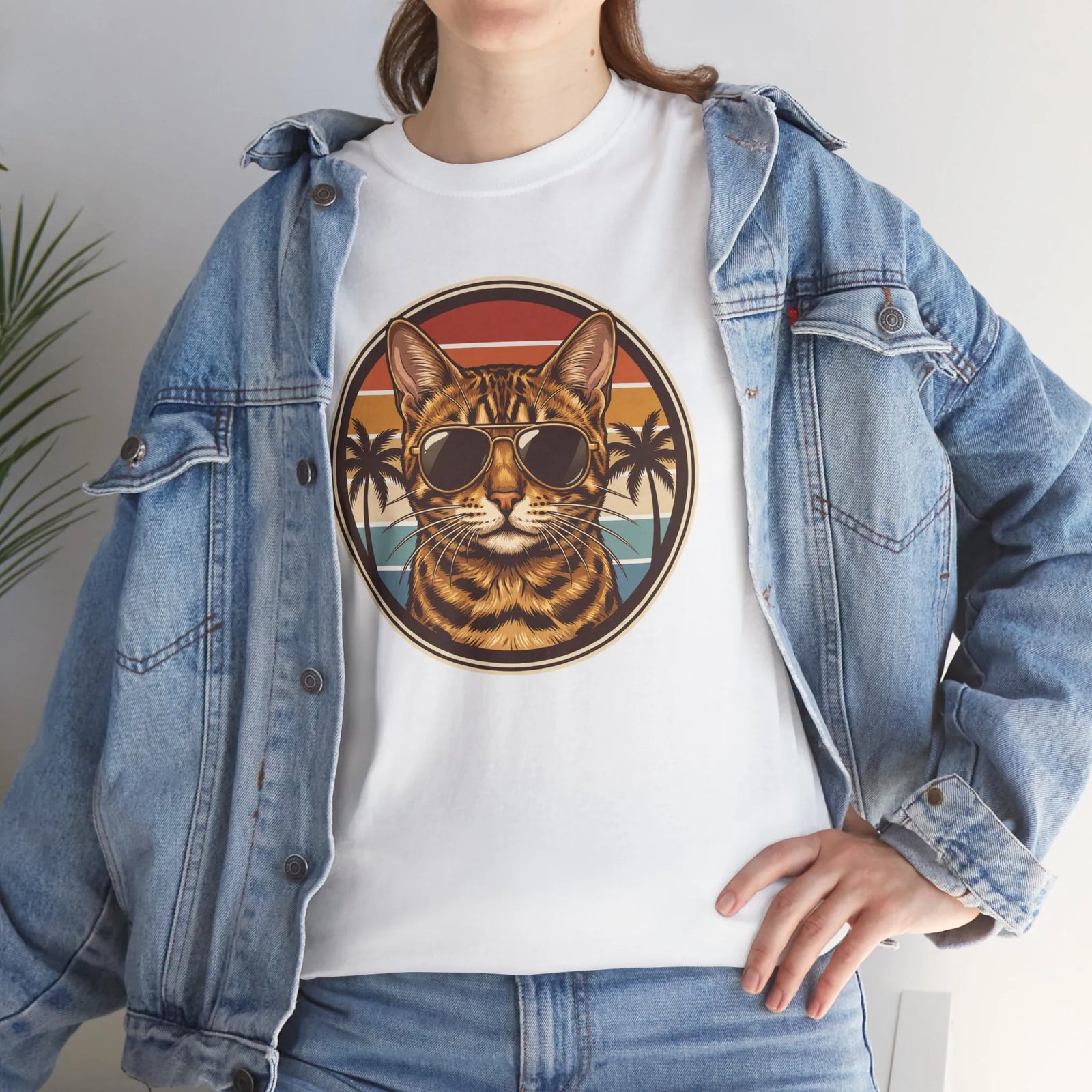 Bengal Cat Aviator Sunset T-Shirt - Heavy Cotton Classic Fit Tee - Unisex White