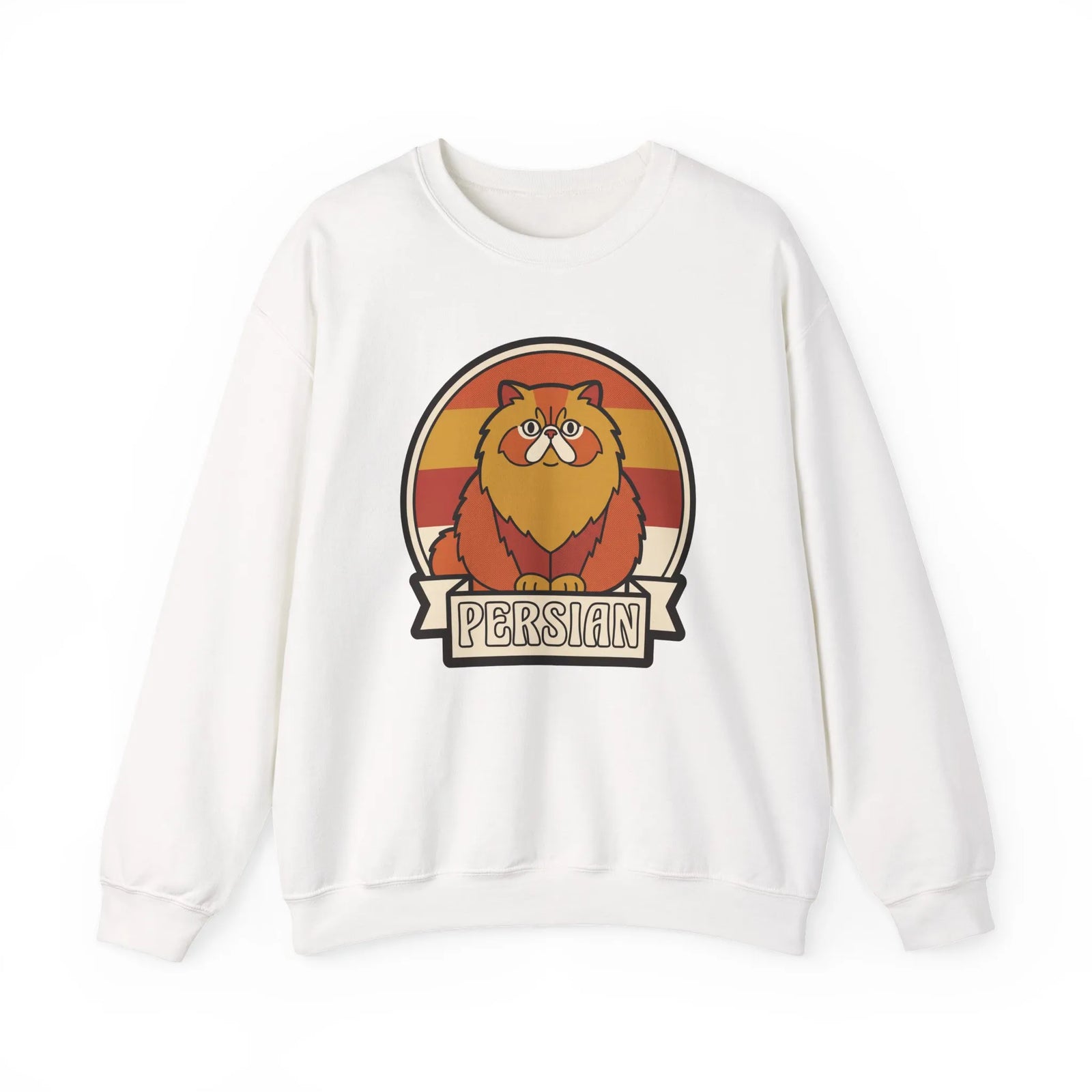 Retro Persian Cat Sunset Sweatshirt - Heavy Blend Cotton Blend Crewneck - Unisex White