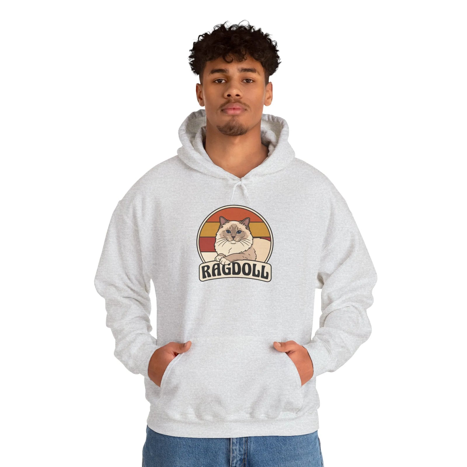 Ragdoll Cat Retro 70s Sunset Hoodie - Soft Blend Fleece Pullover Hoodie - Unisex White