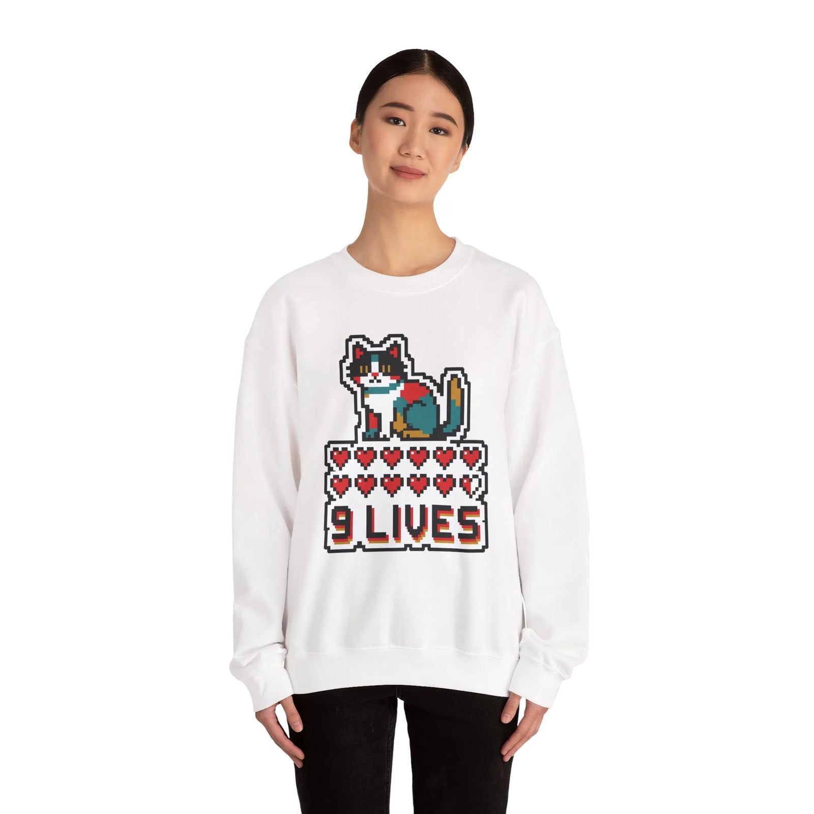 Nine Lives 8-Bit Pixel Gaming Cat Sweatshirt - Heavy Blend Fleece Crewneck - Unisex White