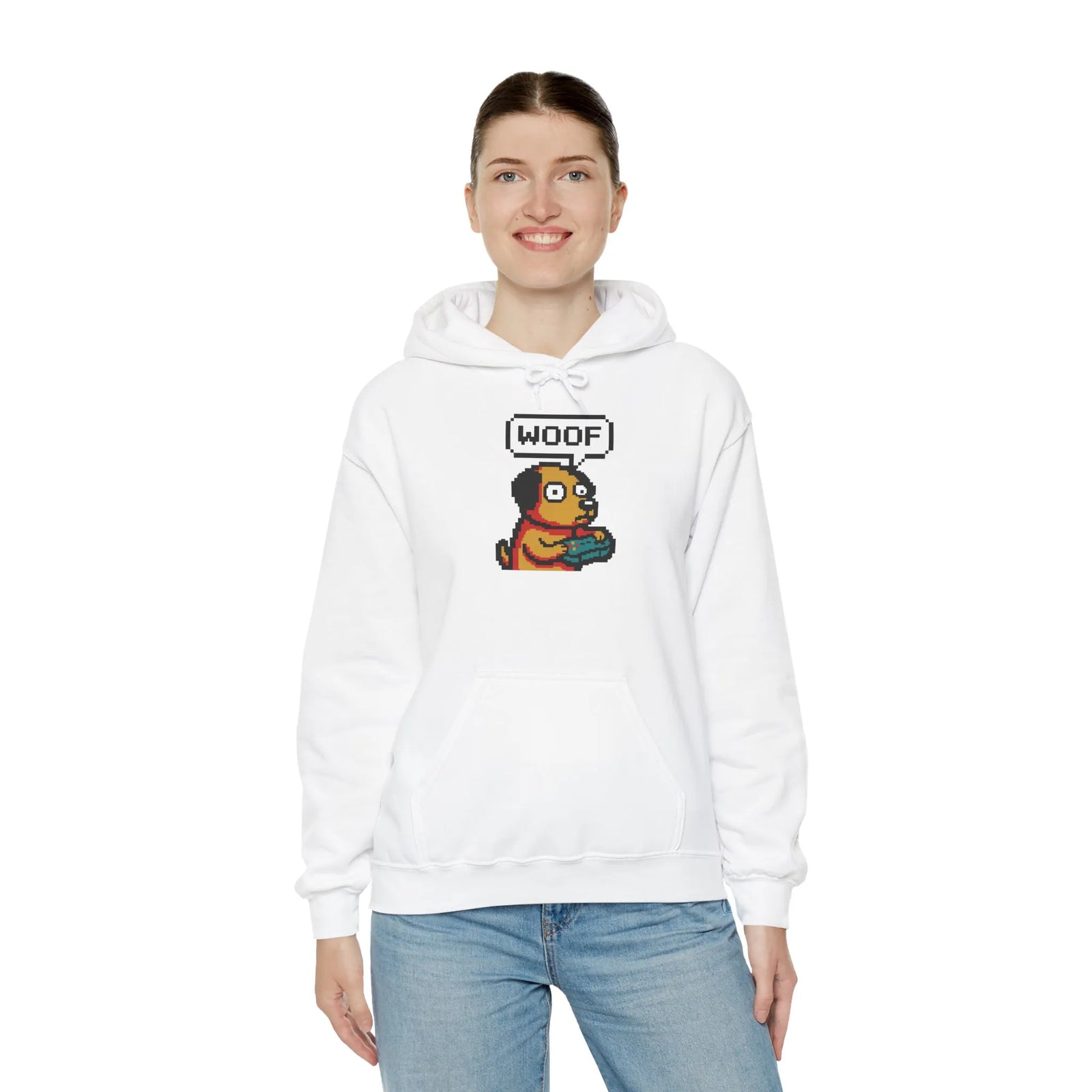 Player One 8-Bit Gaming Dog Hoodie - Soft Cotton-Poly Blend Fleece - Unisex White