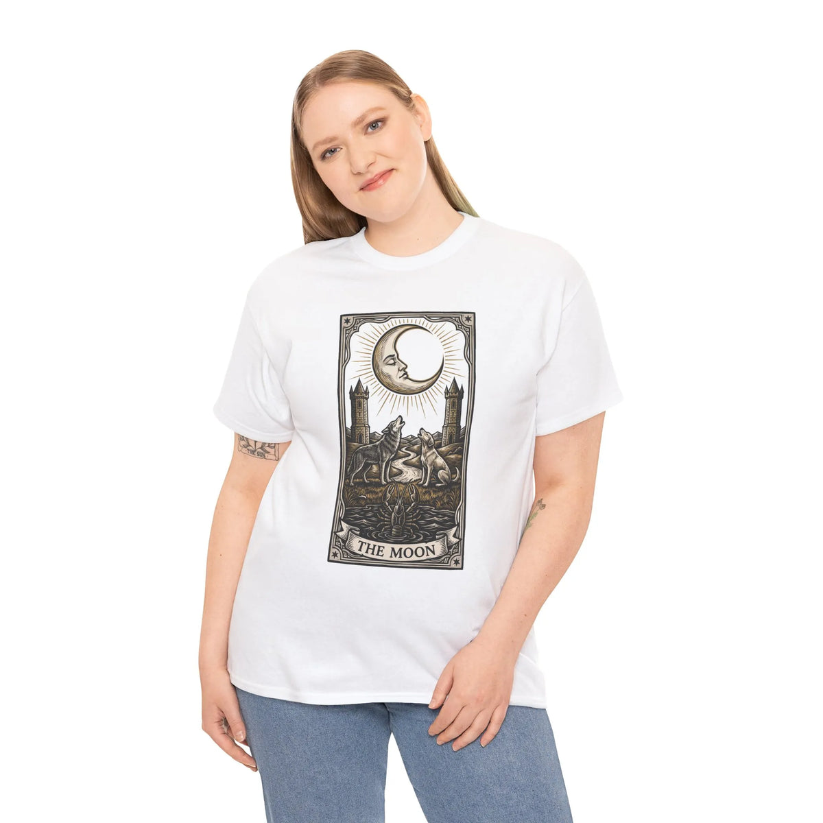 Moonlight Wolves Tarot Graphic T-Shirt - Heavy Cotton Classic Fit Crewneck - Unisex White