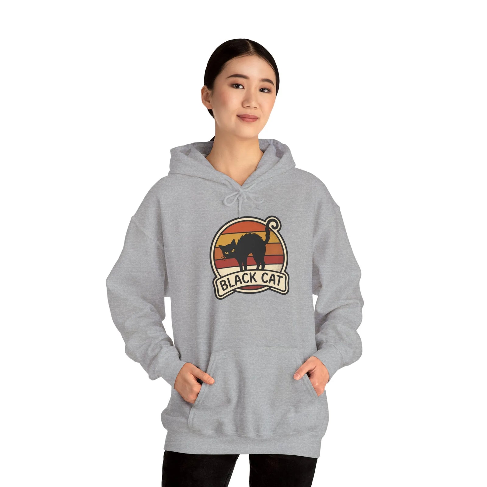 Black Cat Retro Sunset Hoodie - Heavy Blend Cotton-Poly Fleece - Unisex White