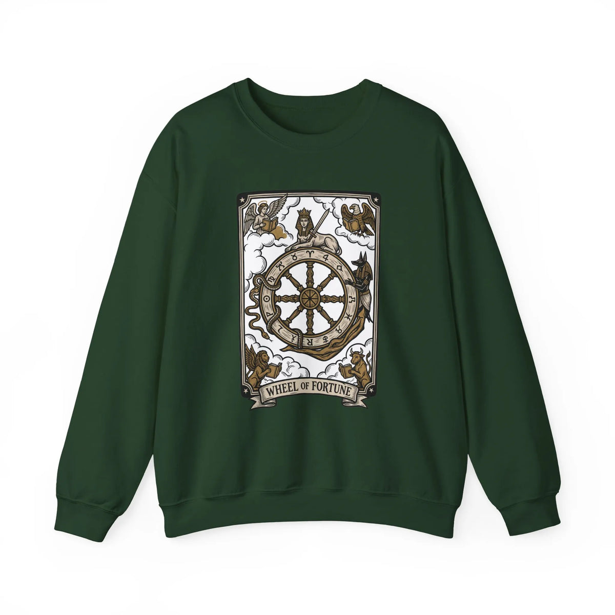 Wheel of Fortune Tarot Card Sweatshirt - Heavy Blend Crewneck Fleece - Unisex White