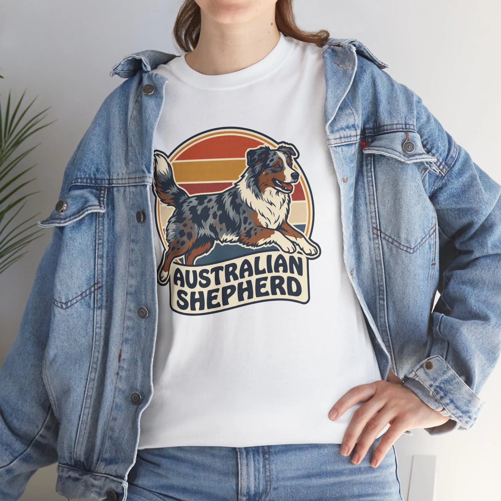 Australian Shepherd Retro 70s Sunset T-Shirt - Heavy Cotton Classic Fit Tee - Unisex White