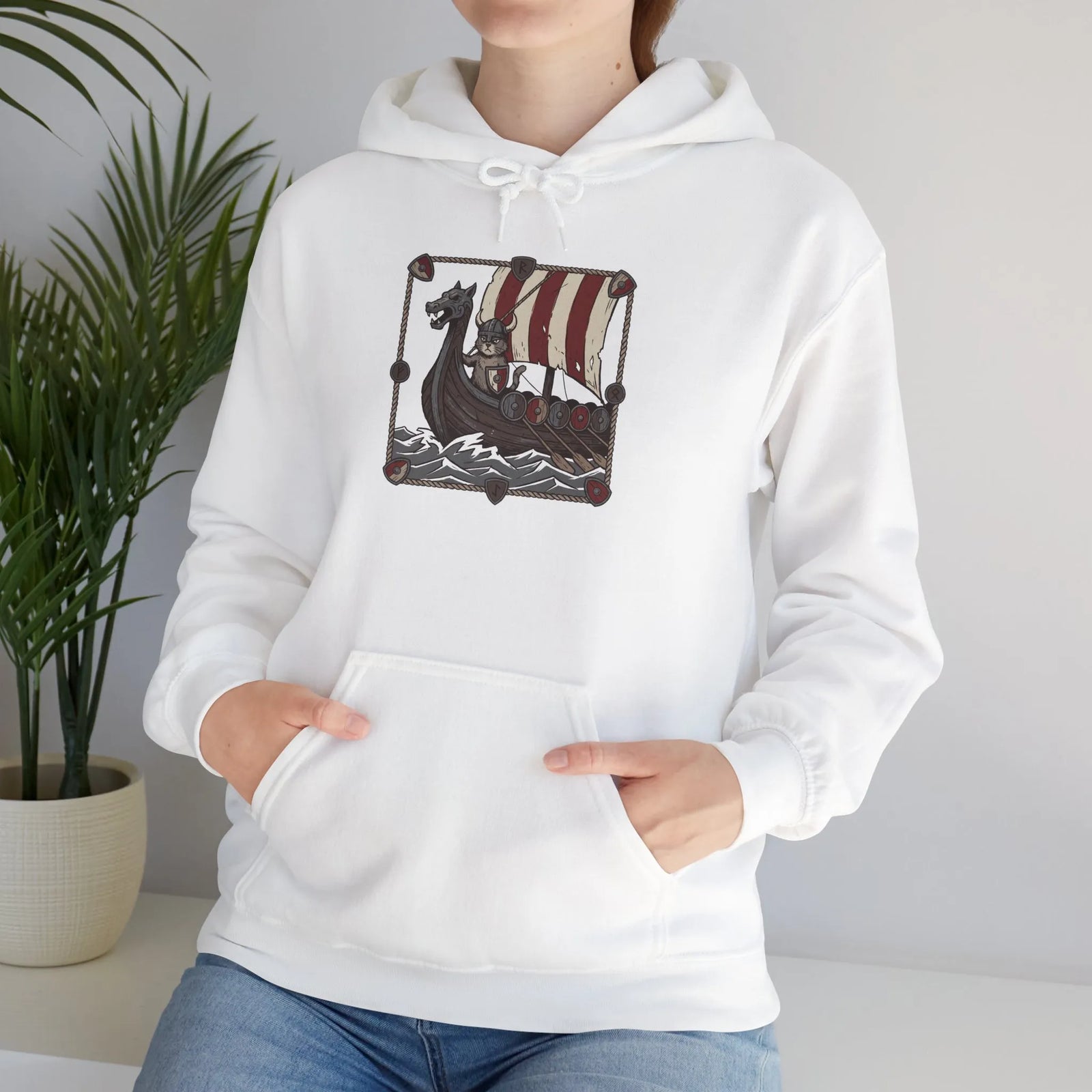 Viking Berserker Cats Longship Hoodie - Warm Cotton-Poly Fleece Pullover - Unisex White
