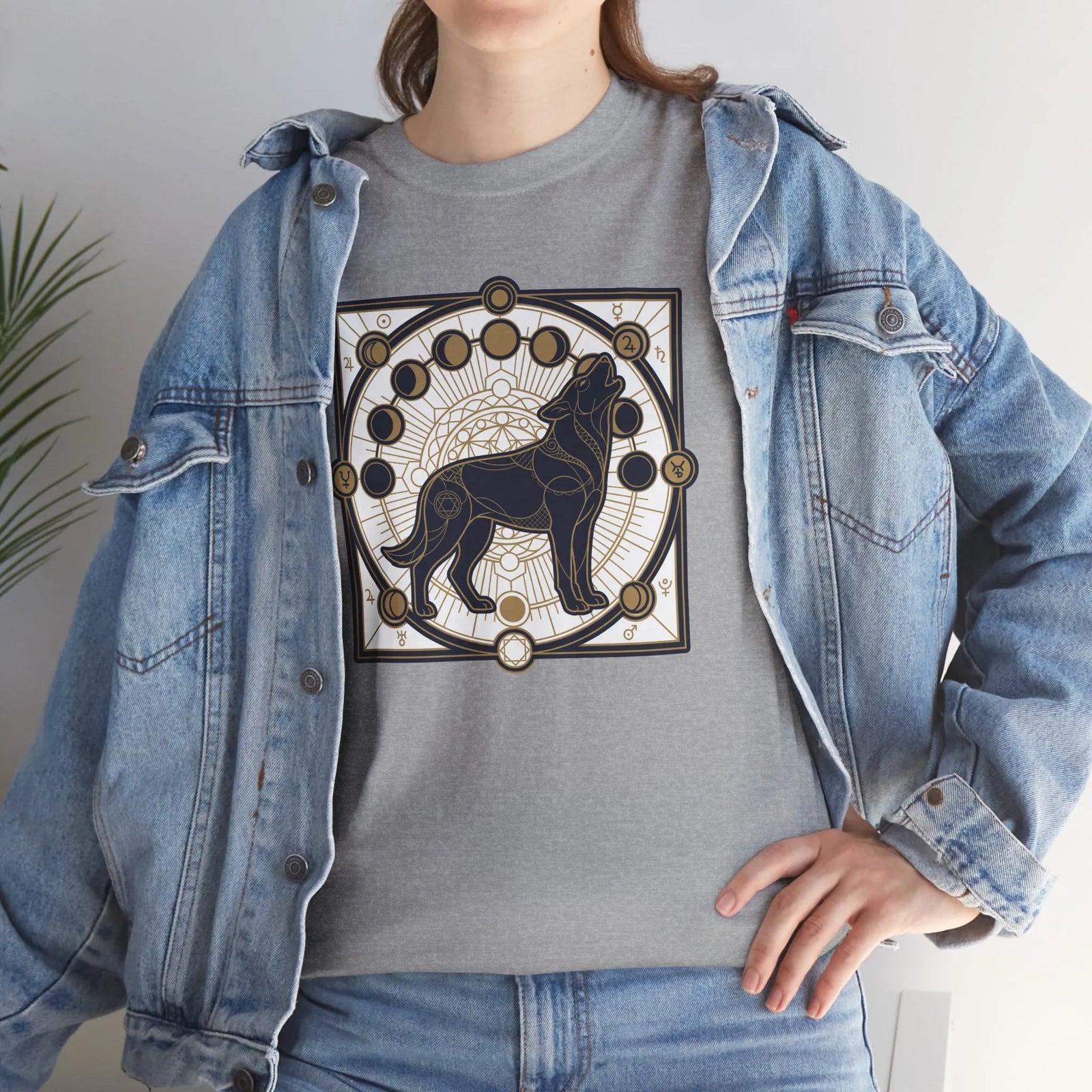 Sacred Geometry Spirit Dog Howl T-Shirt - Heavyweight Cotton Classic Fit Tee - Unisex White