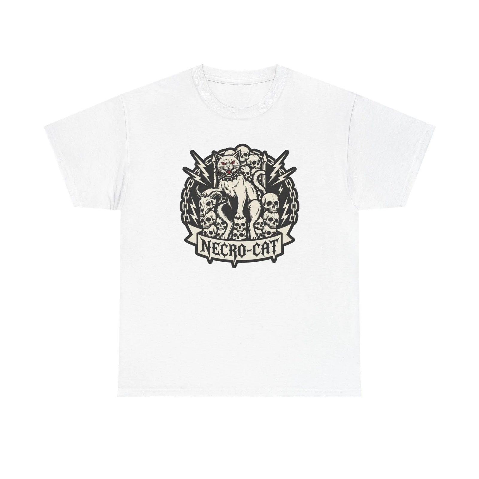Rocker Cat Skull Throne Graphic T-Shirt - Heavy Cotton Classic Fit Tee - Unisex White