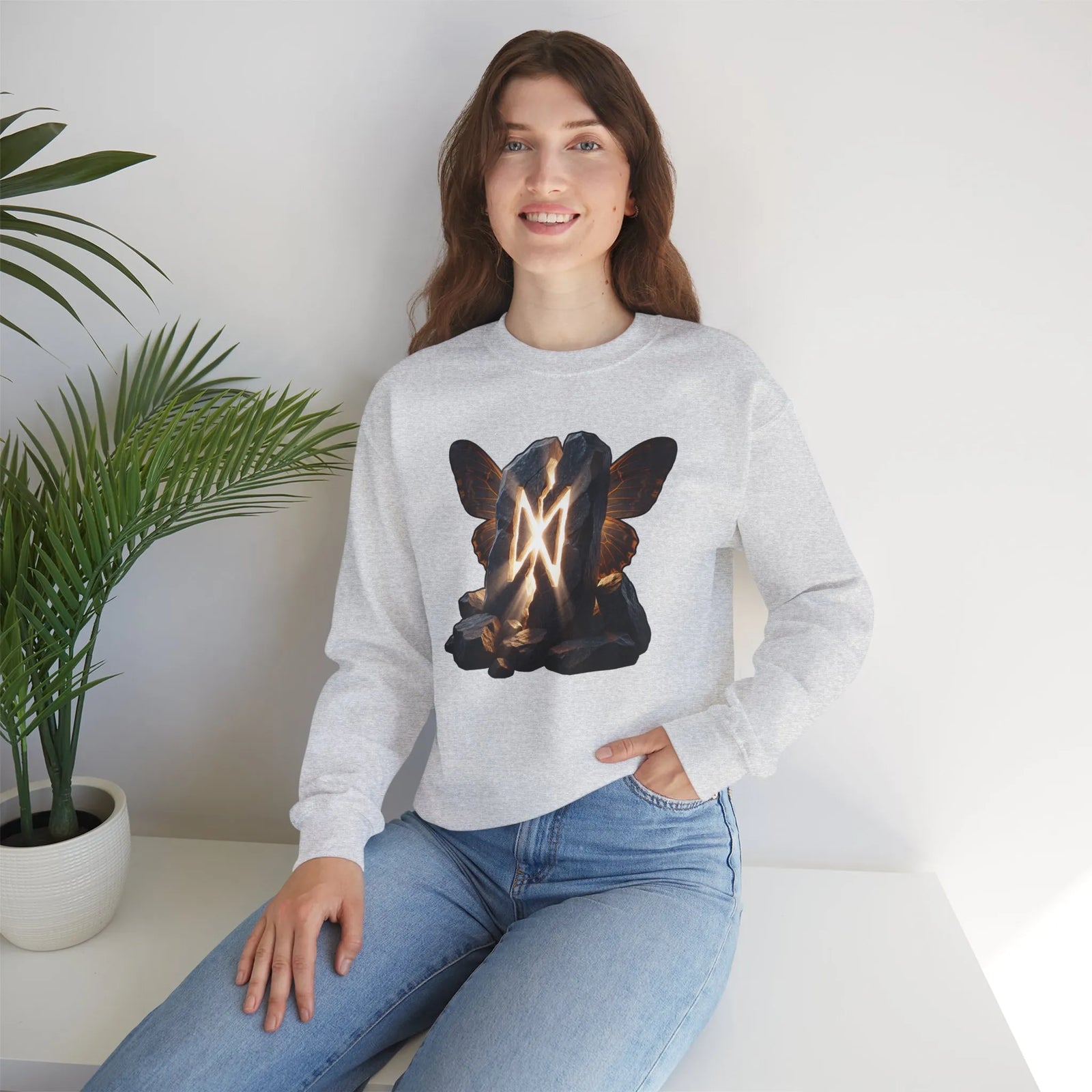 Dagaz Rune Stone Butterfly Sweatshirt - Heavy Blend Cotton Poly Crewneck - Unisex Off-White