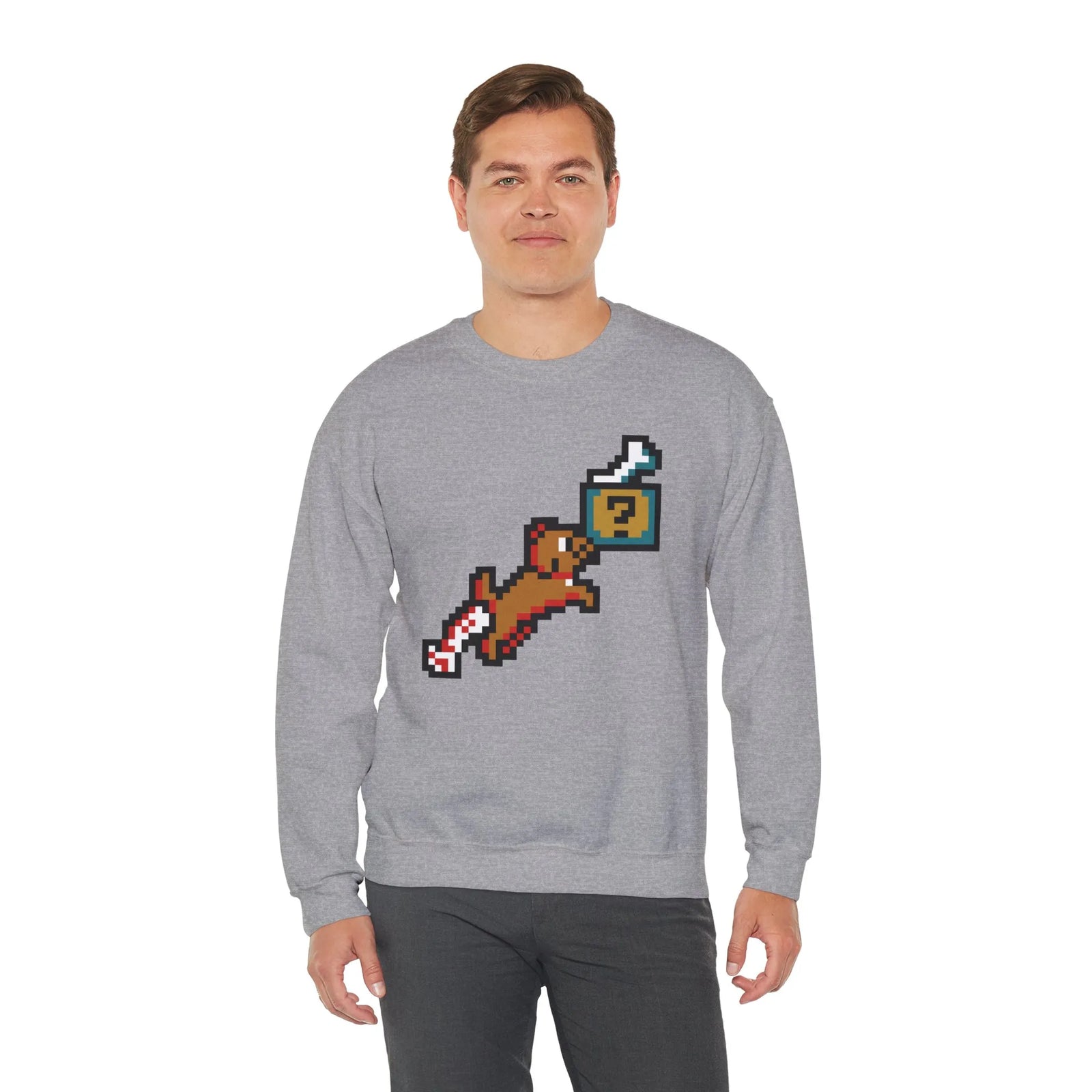 Fetch Quest 8-Bit Pixel Gaming Dog Sweatshirt - Heavy Blend Cotton Polyester Crewneck - Unisex White